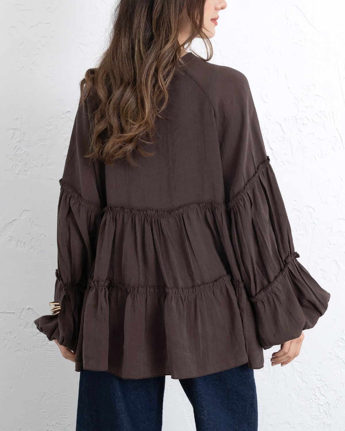 Brown Tie-Front Layered Modal Blouse with Elastic Cuffs - Podyumplus - by Peralane - photo 7