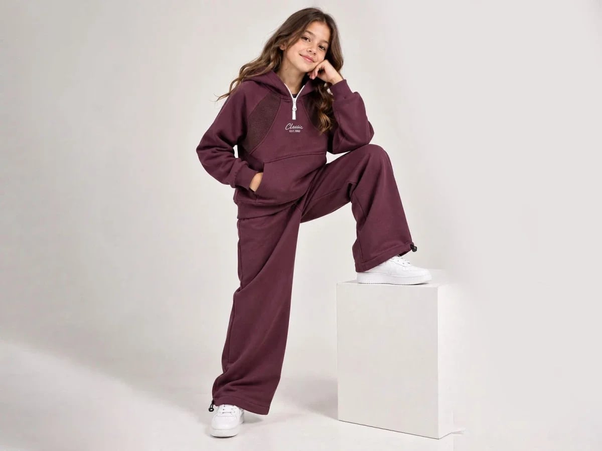 Girls' Hooded Sweatshirt and Wide-Leg Trousers Set in Deep Plum - ÖZ Bebe - by Peralane