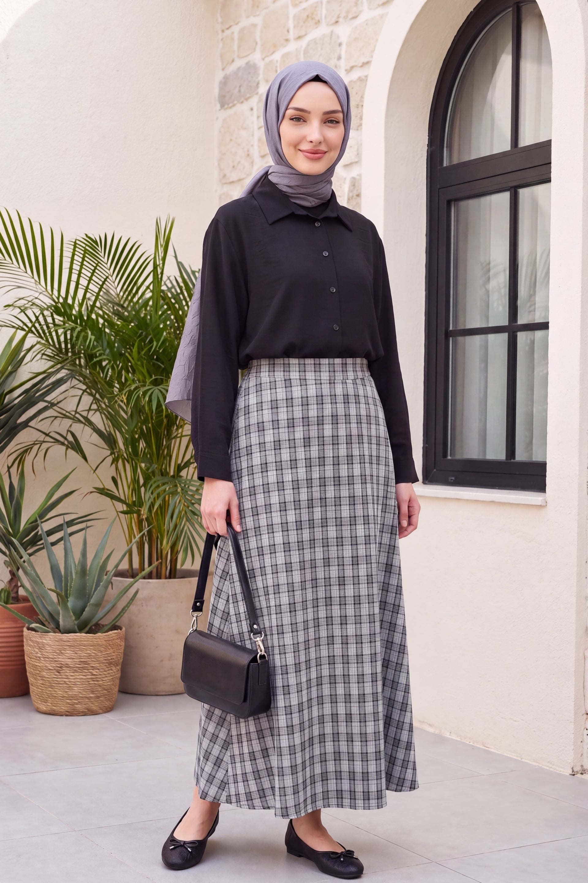 Elastic Waist Plaid Polyviscose Skirt - Light Grey - Podyumplus - by Peralane