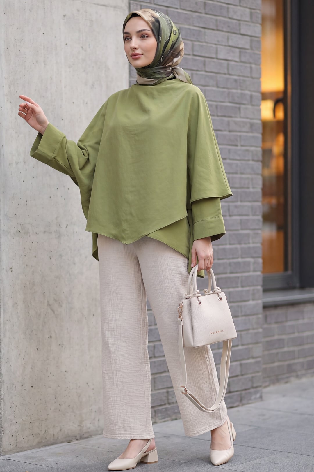 Shoulder Button Batwing Sleeve Modal Kimono Poncho - Olive Green - Podyumplus - by Peralane - photo 2