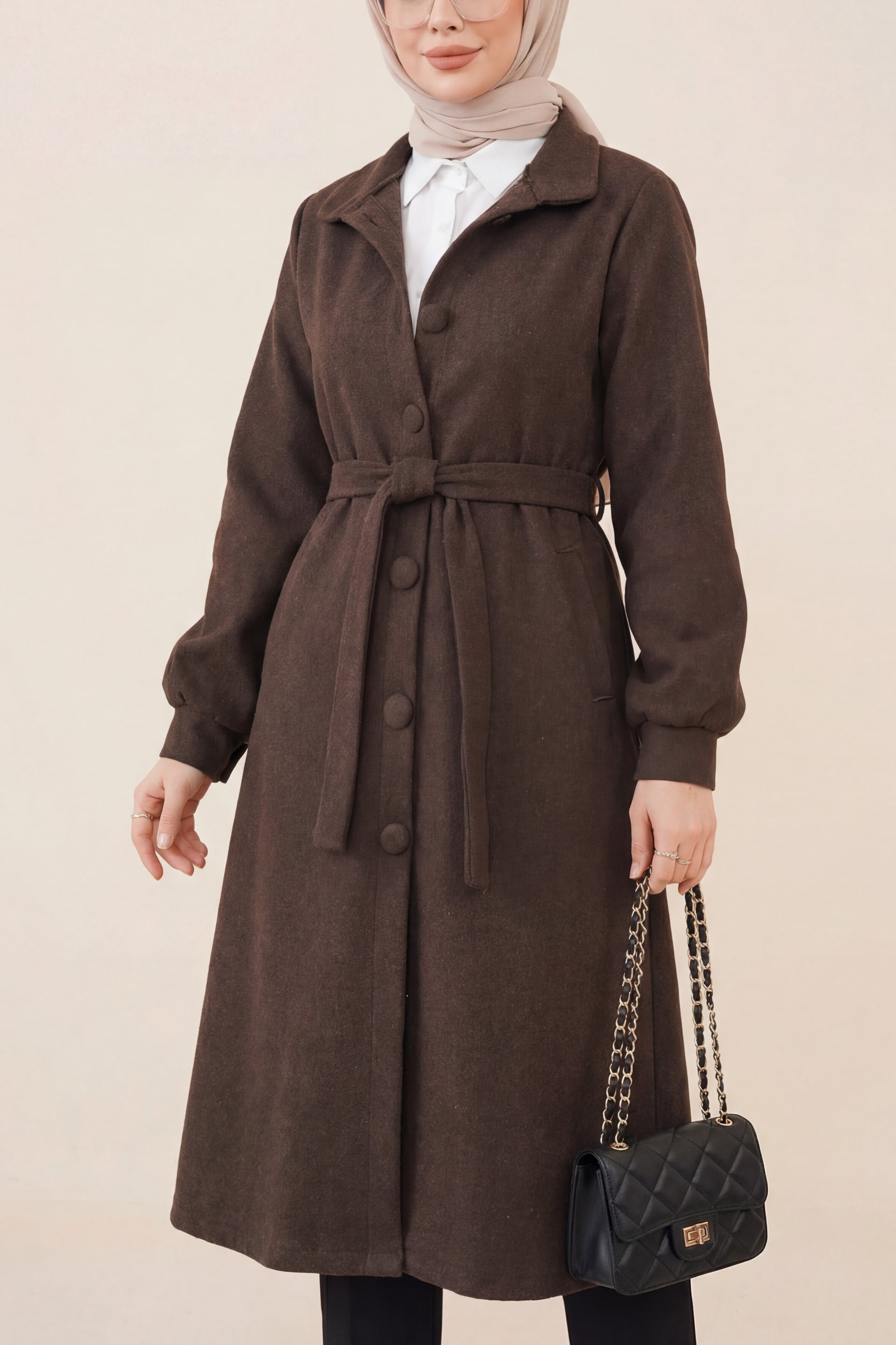 Belted Double-Breasted Wool-Blend Coat - Dark Brown - Podyumplus - by Peralane - photo 2
