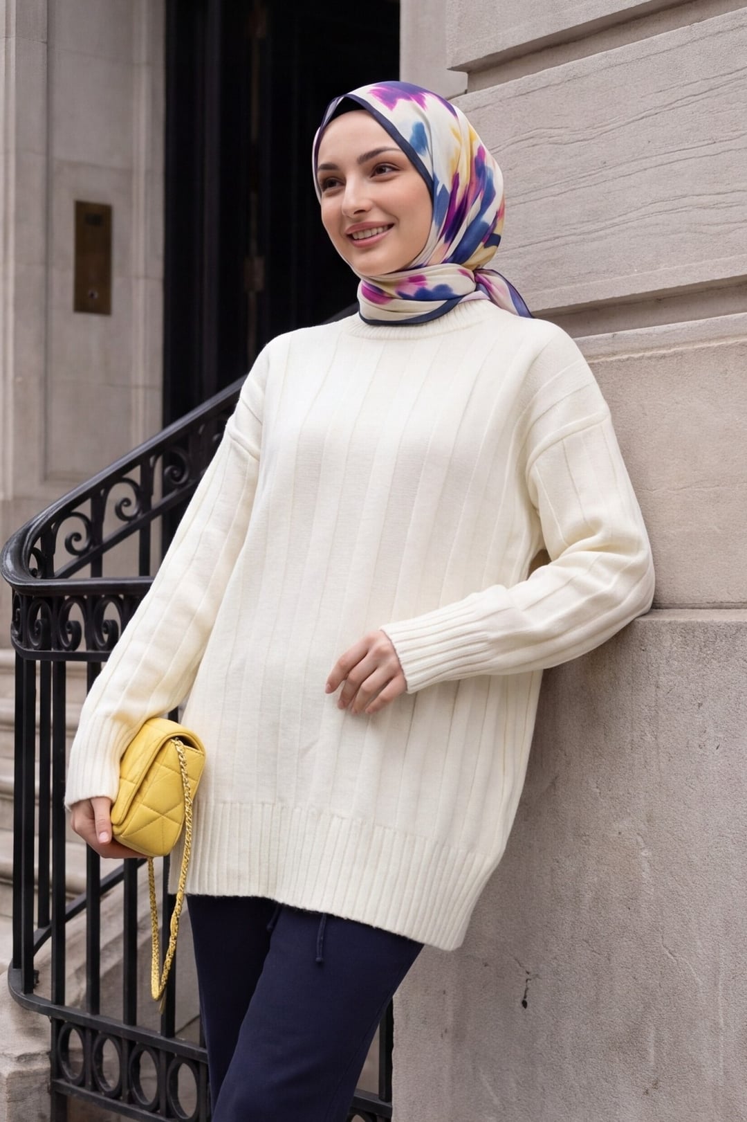 Half-Neck Striped Soft Knit Sweater - Ecru - Podyumplus - by Peralane