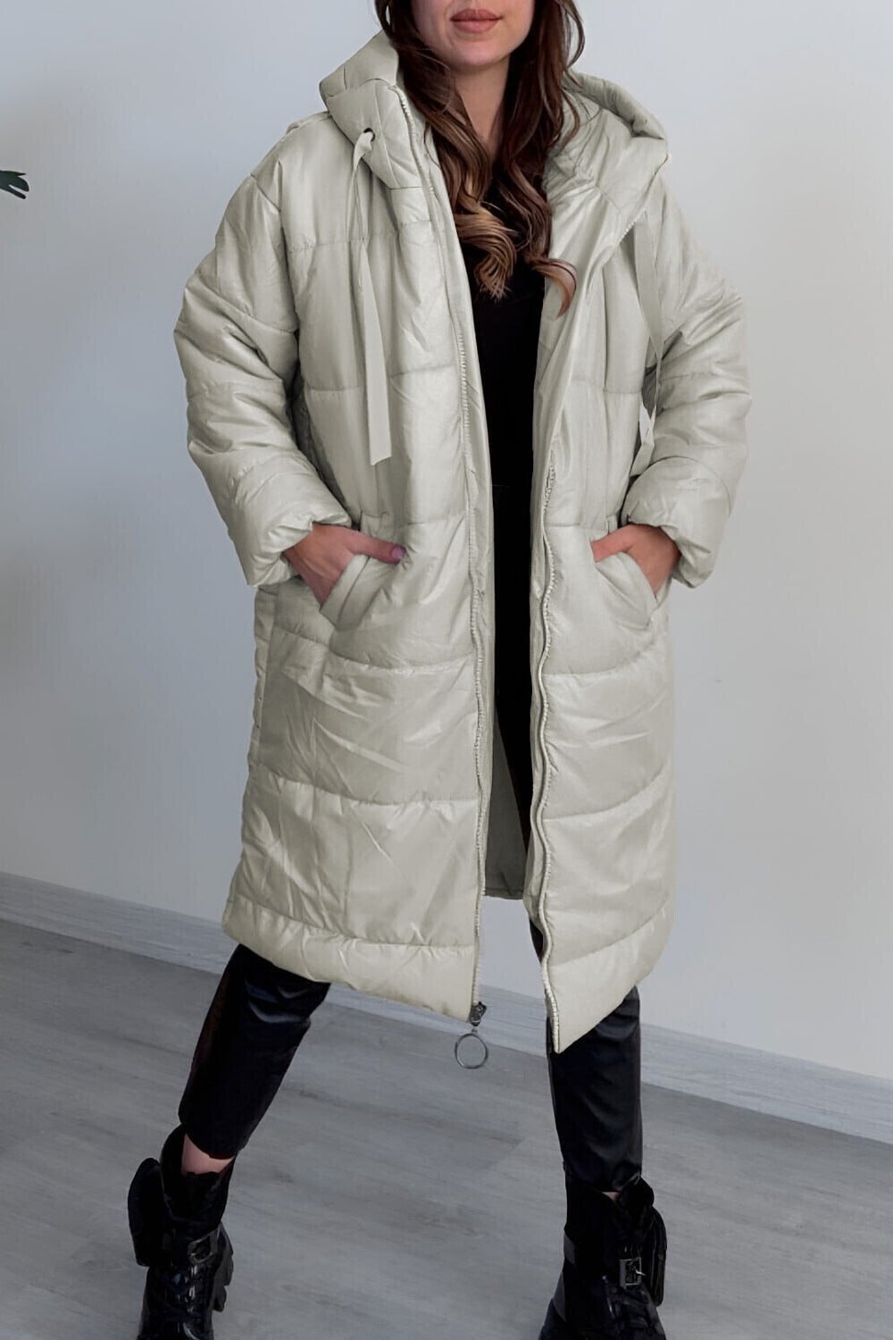 Women's Hooded Quilted Puffer Jacket with Drawstring - Stone - Podyumplus - by Peralane