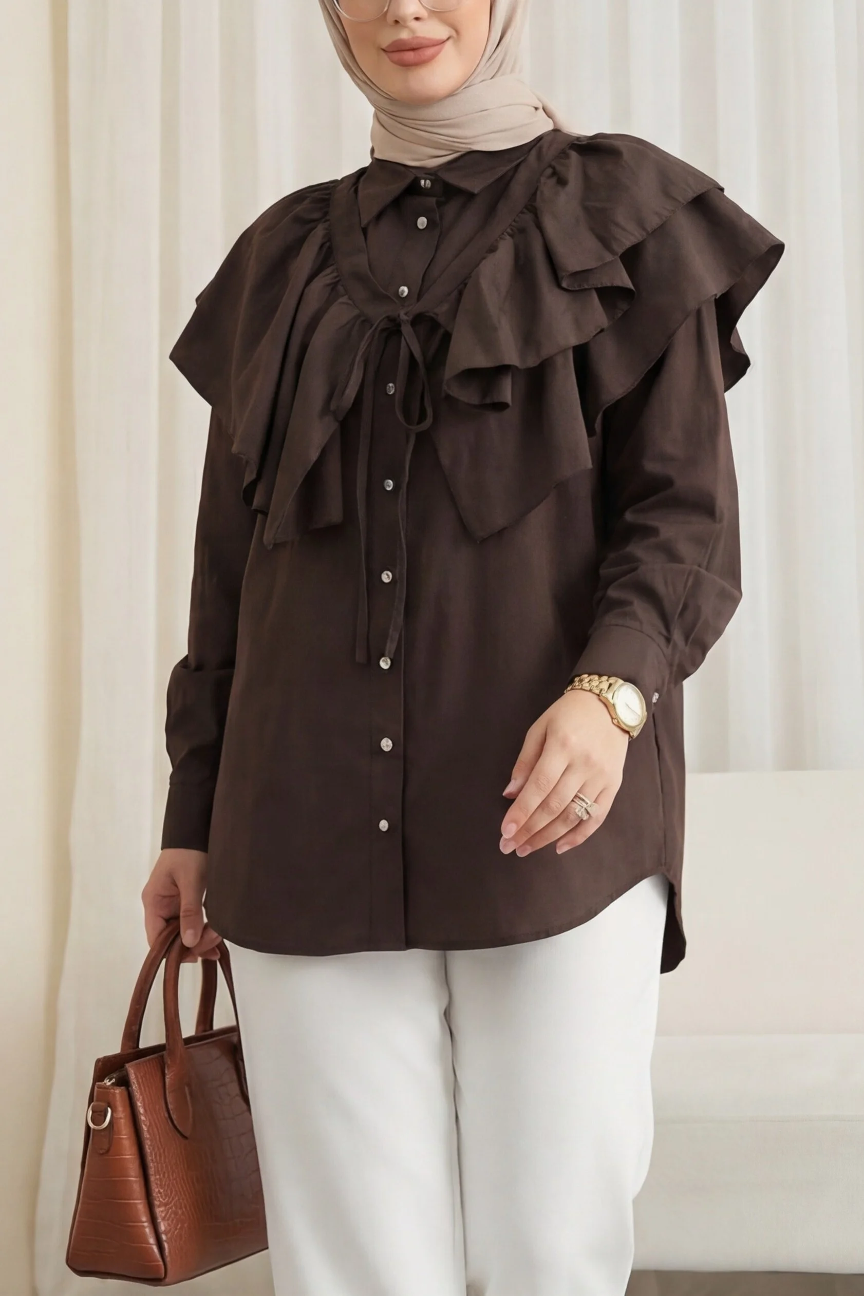 Women's Poplin Tunic with Cape Detail and Button Front - Dark Brown - Podyumplus - by Peralane - photo 3