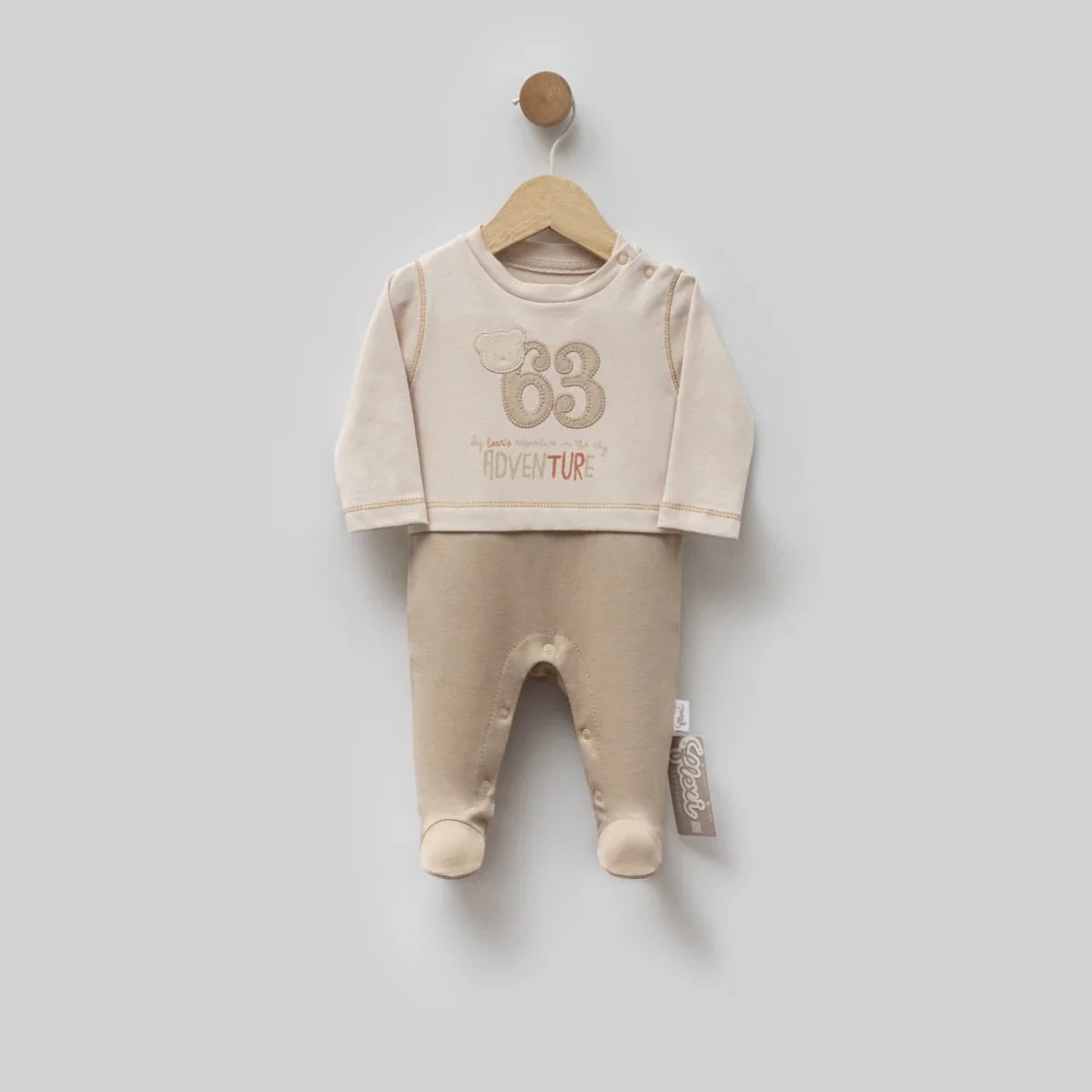 Baby Footed Pyjama Set with Bear Graphic - Beige - Flexi Baby - by Peralane