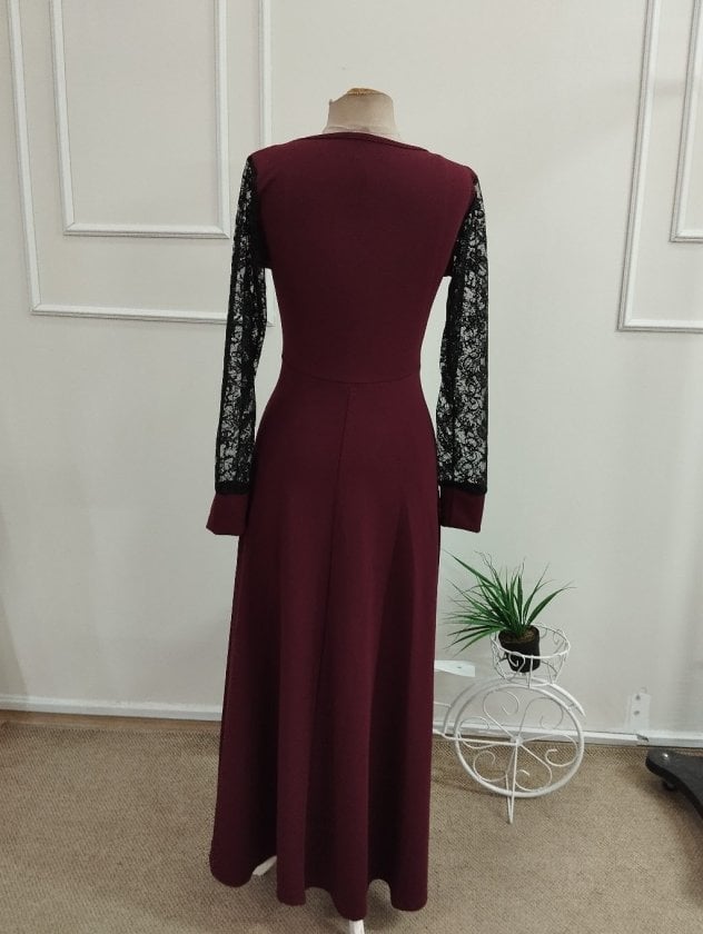 Women's Long-Sleeve V-Neck Lace Trim Long Crepe Dress - Janes - by Peralane - photo 4