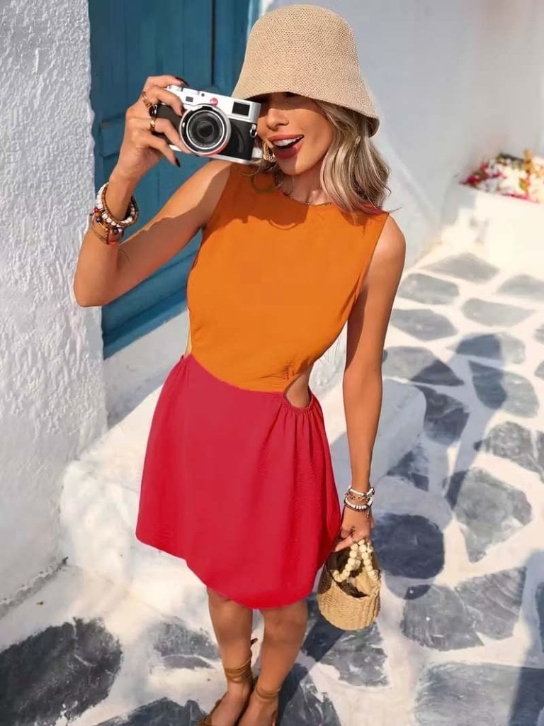 Women's Sleeveless Two-Tone Mini Dress with Orange Top and Red Skirt - Janes - by Peralane - photo 2