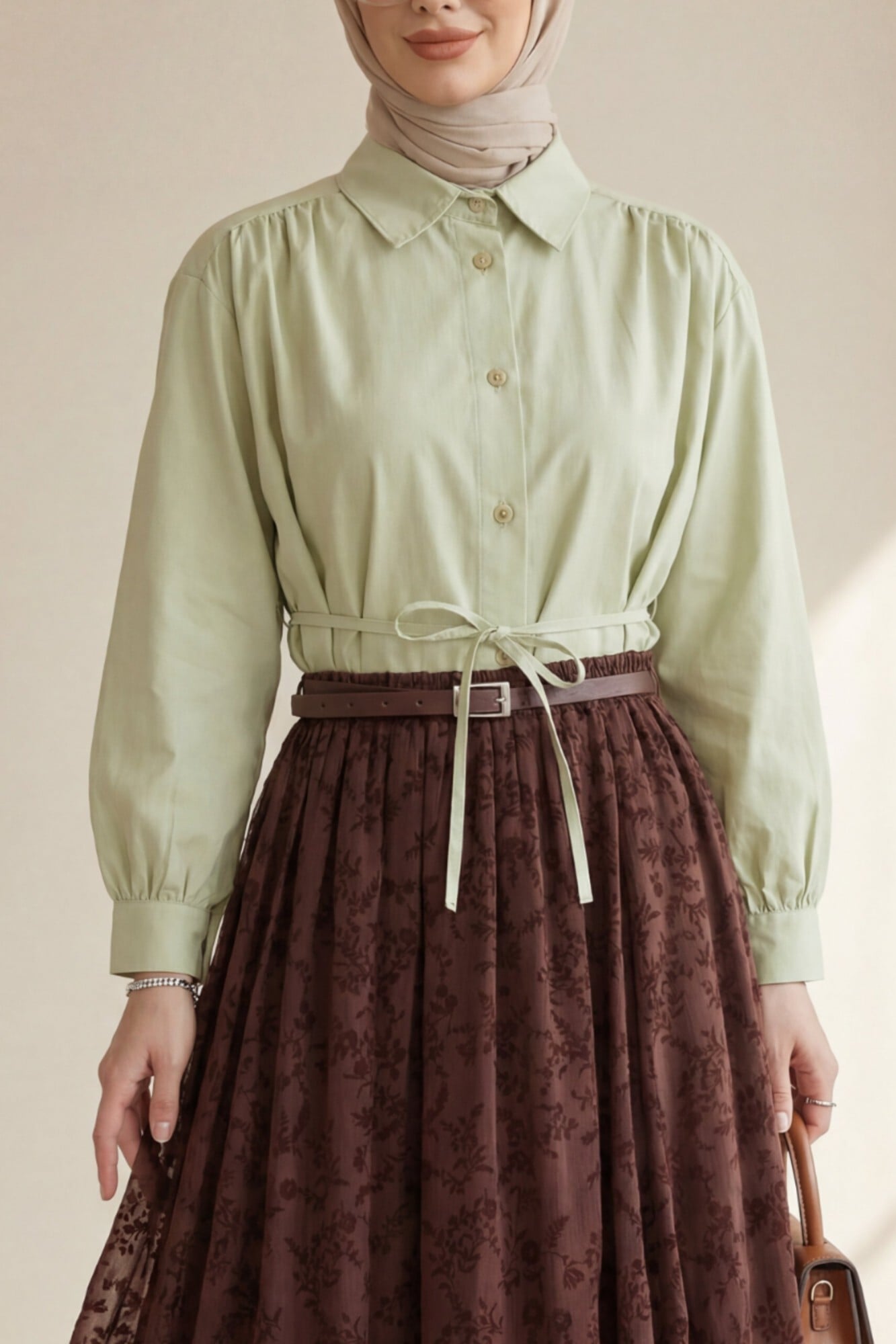 Women's Olive Green Smocked Shoulder Lace-Up Blouse Shirt - Podyumplus - by Peralane - photo 2