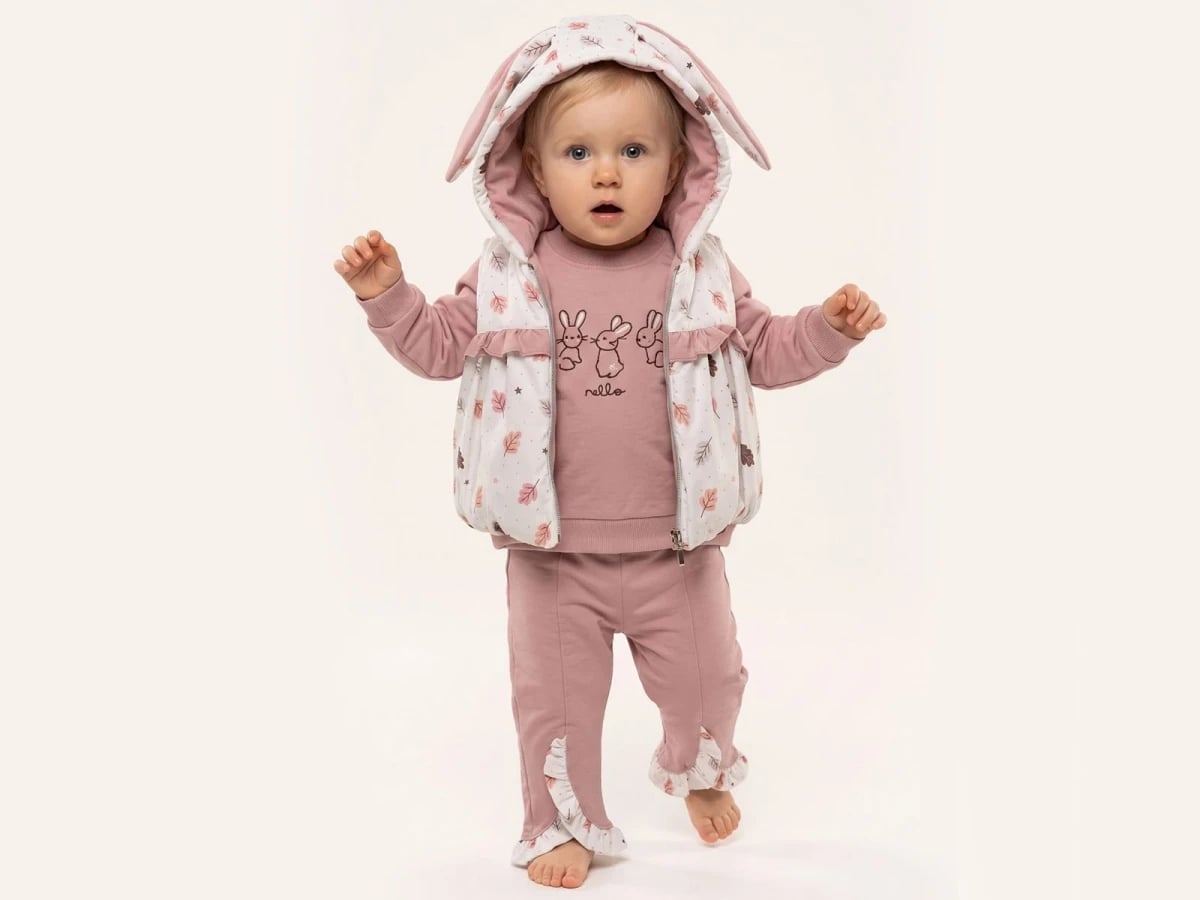 Girls' Rabbit Print Hooded Gilet, Top and Trousers 3-Piece Set - Dusty Pink - Bebly - by Peralane