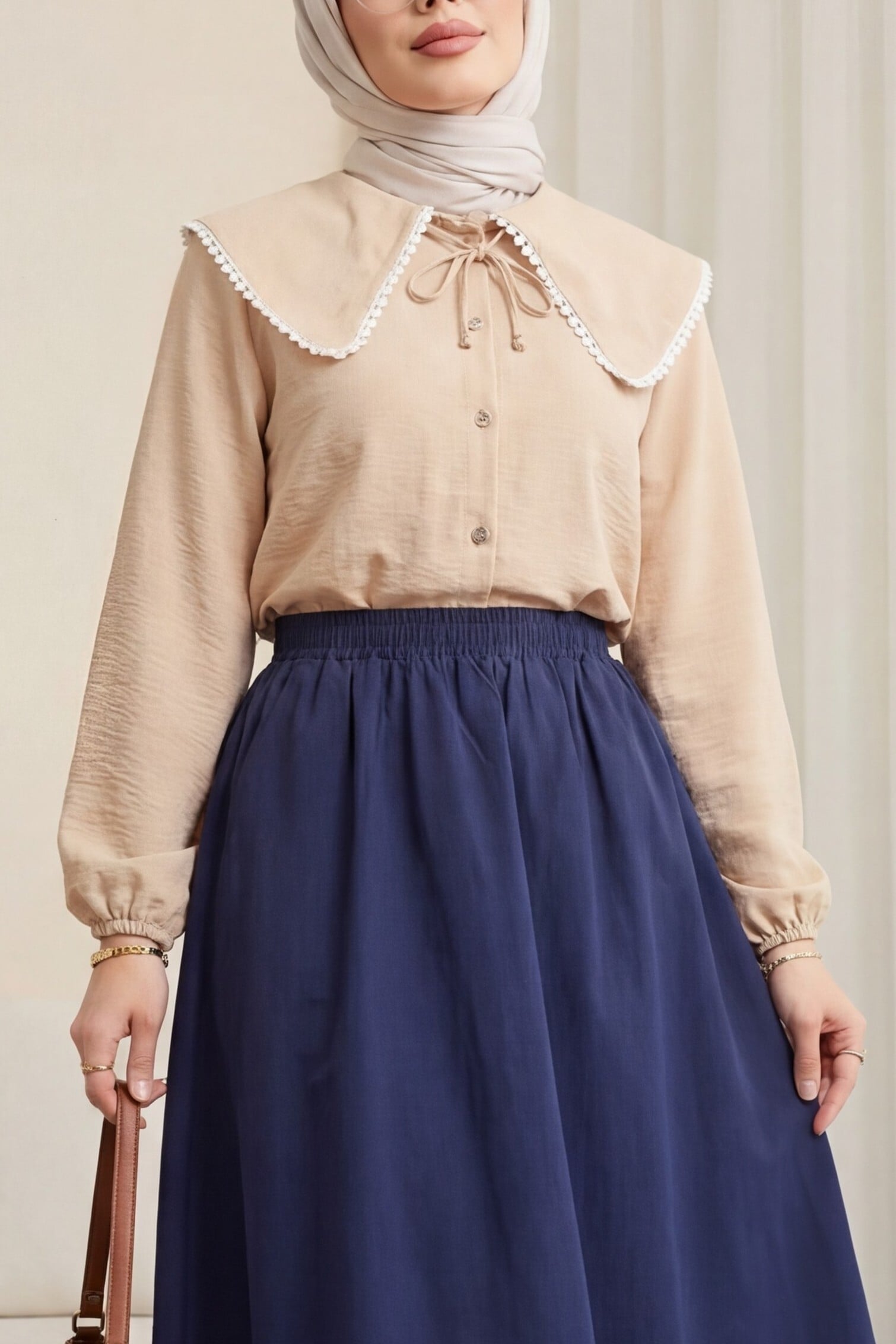 Baby Collar Lace Trim Sleeve Elastic Blouse - Vizon - Podyumplus - by Peralane