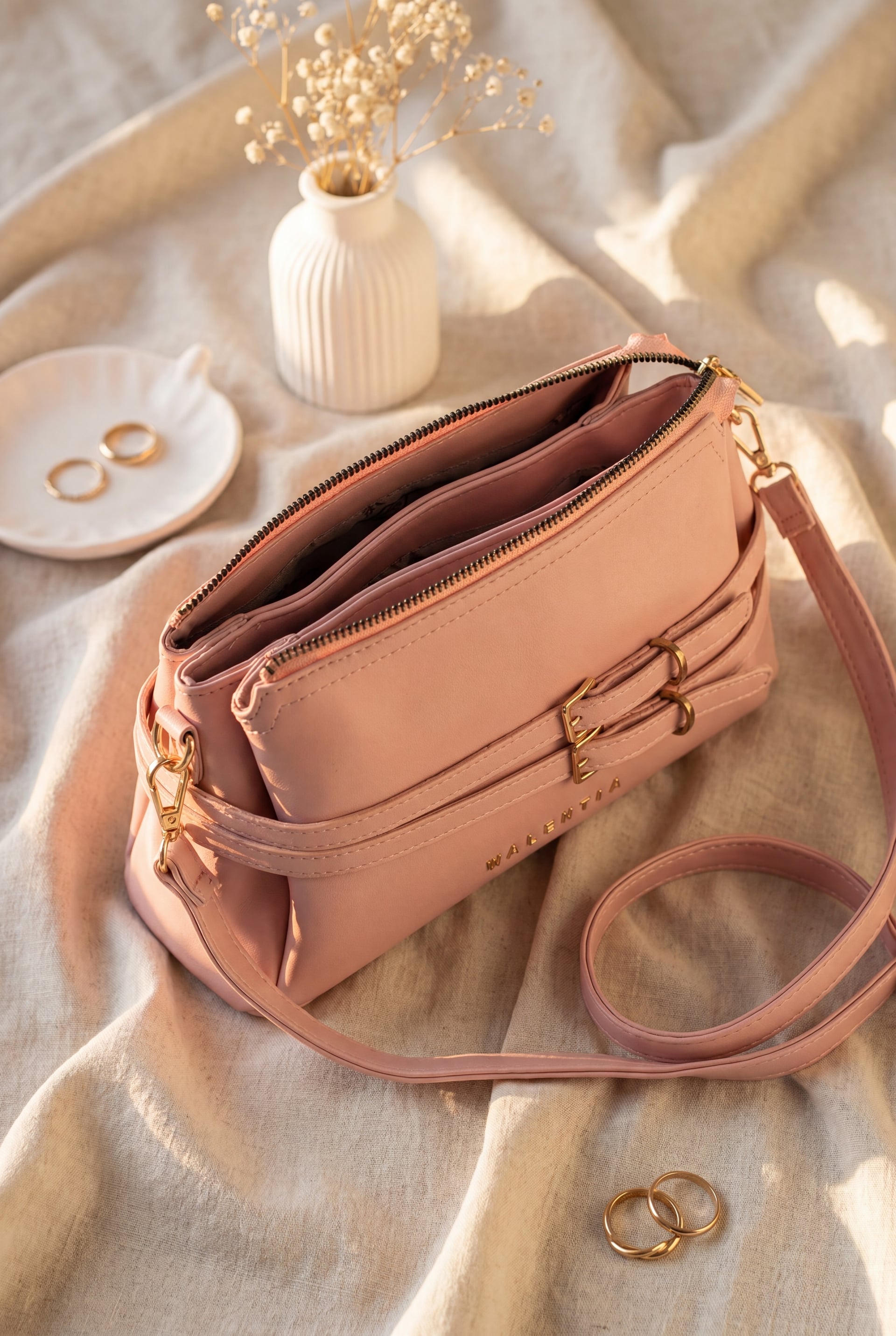 Women's Long Strap Crossbody Bag with Front Belt Detail - Powder Pink - Podyumplus - by Peralane - photo 2