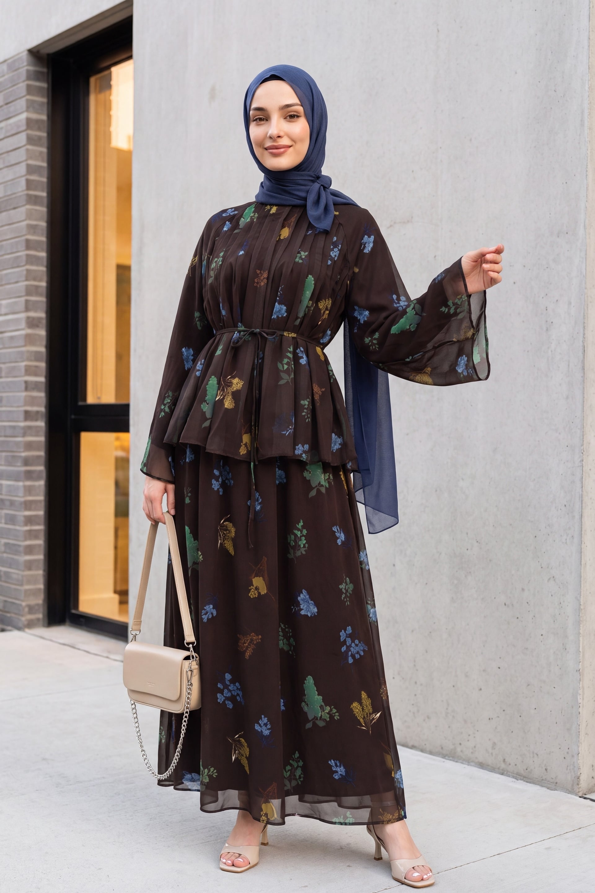 Women's Floral Print Chiffon Two-Piece Set with Spanish Sleeves and Belt - Podyumplus - by Peralane
