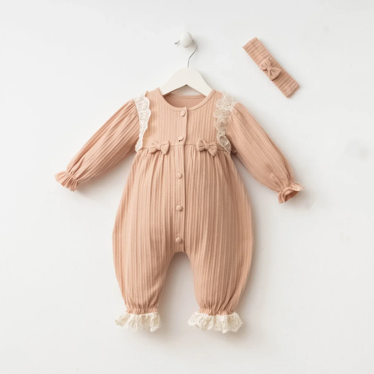 Baby Girl Ribbed Knit Romper and Headband Set - Blush Pink - Minizeyn - by Peralane