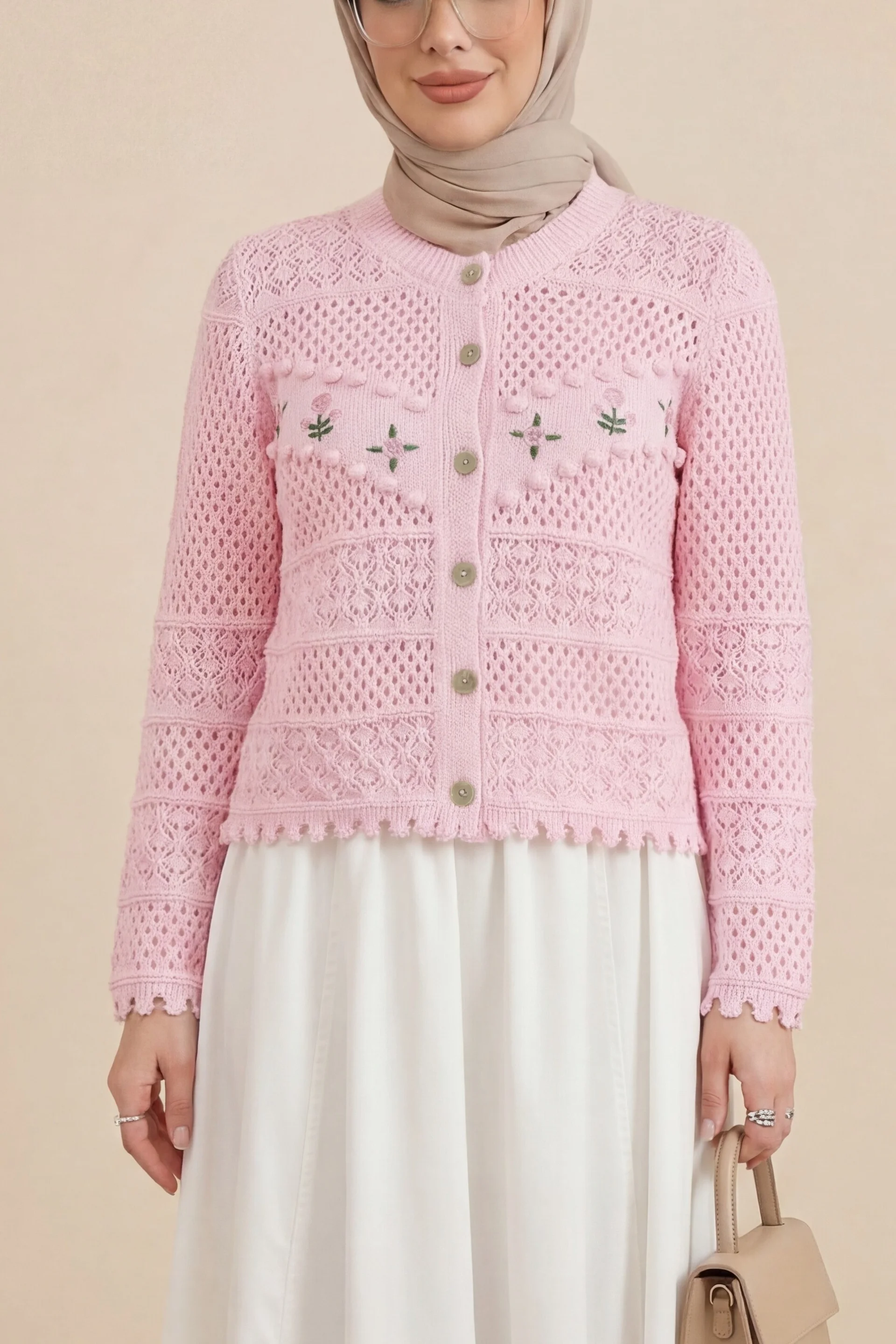 Pink Floral Embroidered Pom-Pom Button Knit Cardigan - Podyumplus - by Peralane - photo 3