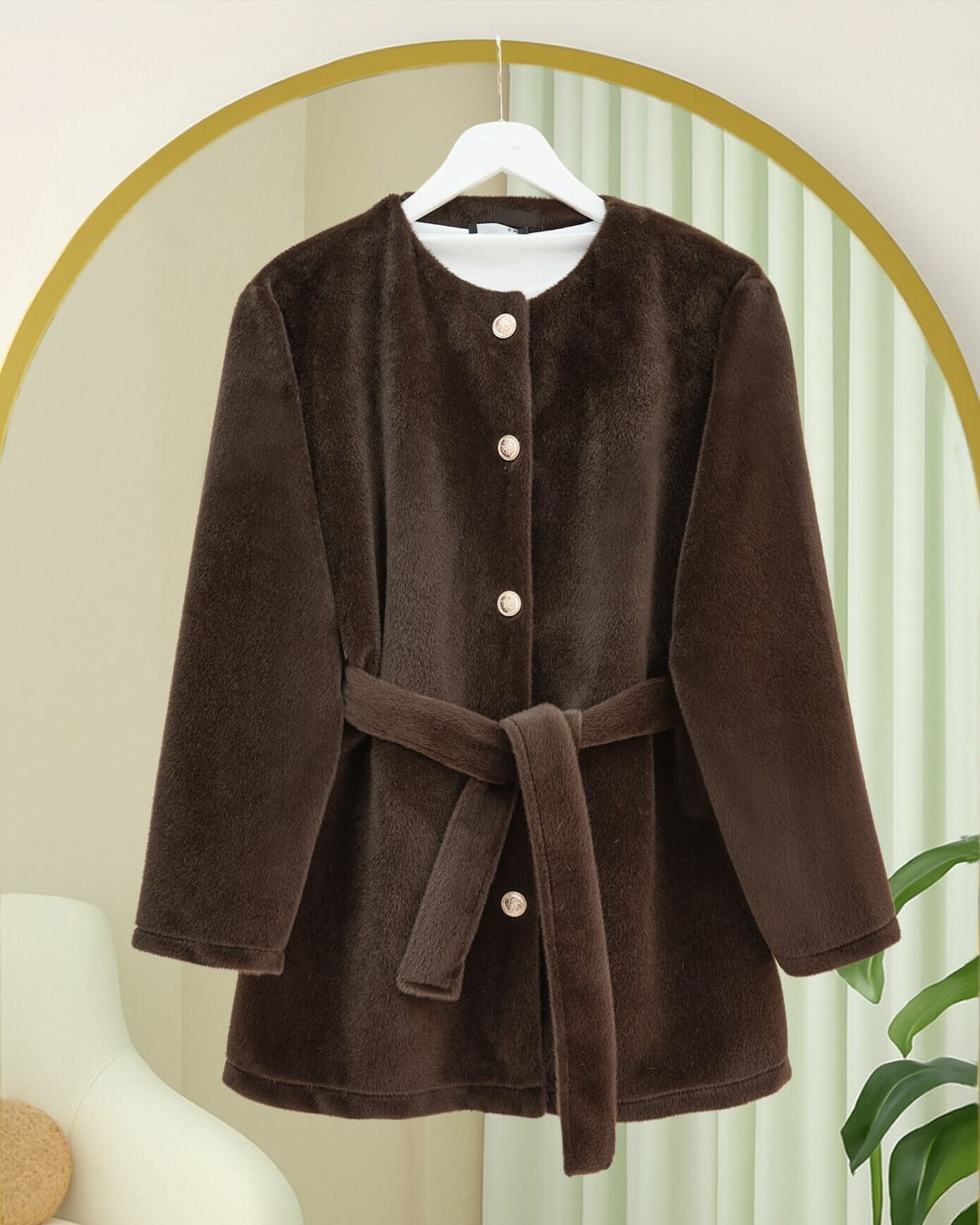 Buttoned Belted Faux Fur Jacket - Earth - Podyumplus - by Peralane - photo 3