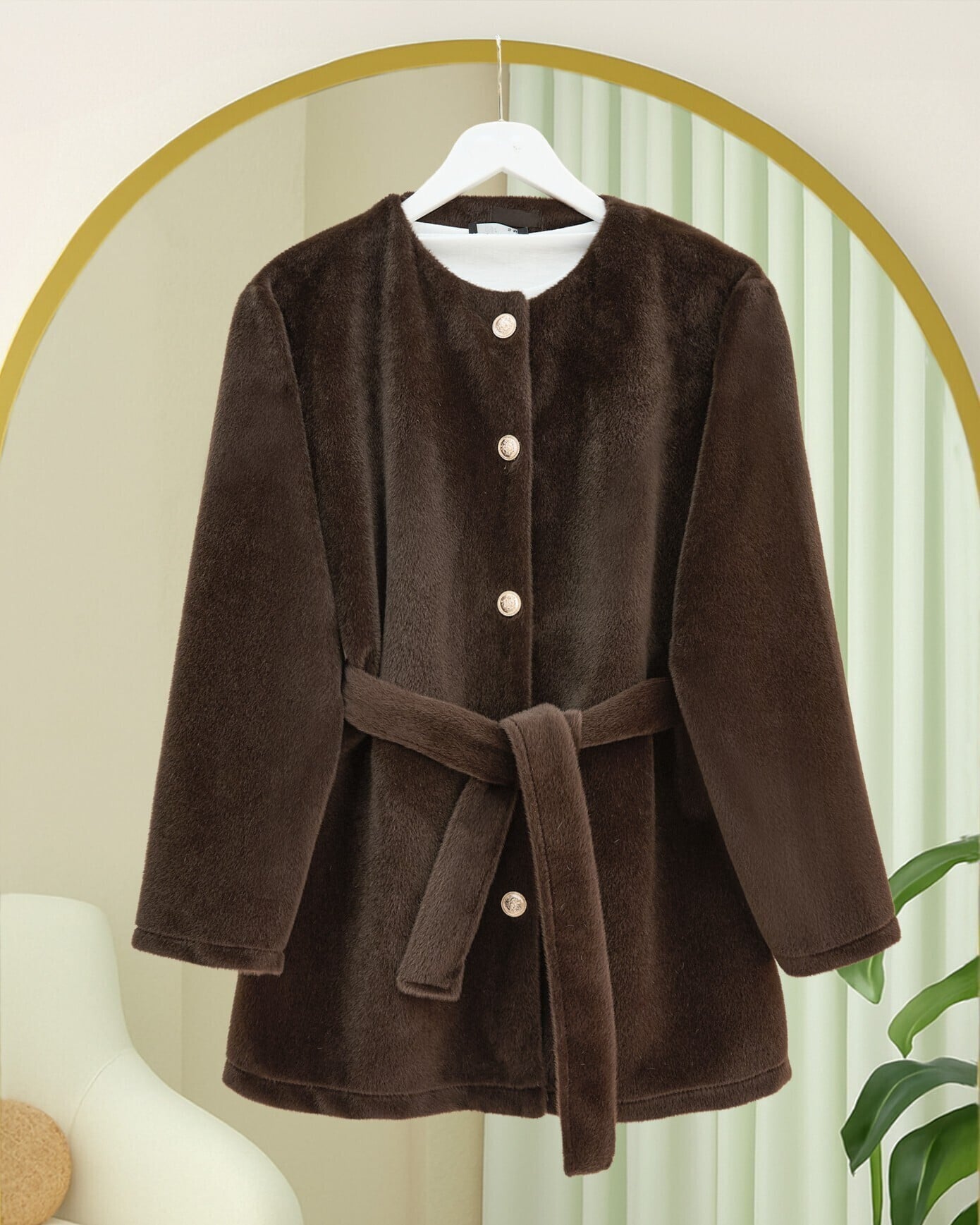 Buttoned Belted Faux Fur Jacket - Earth - Podyumplus - by Peralane - photo 3