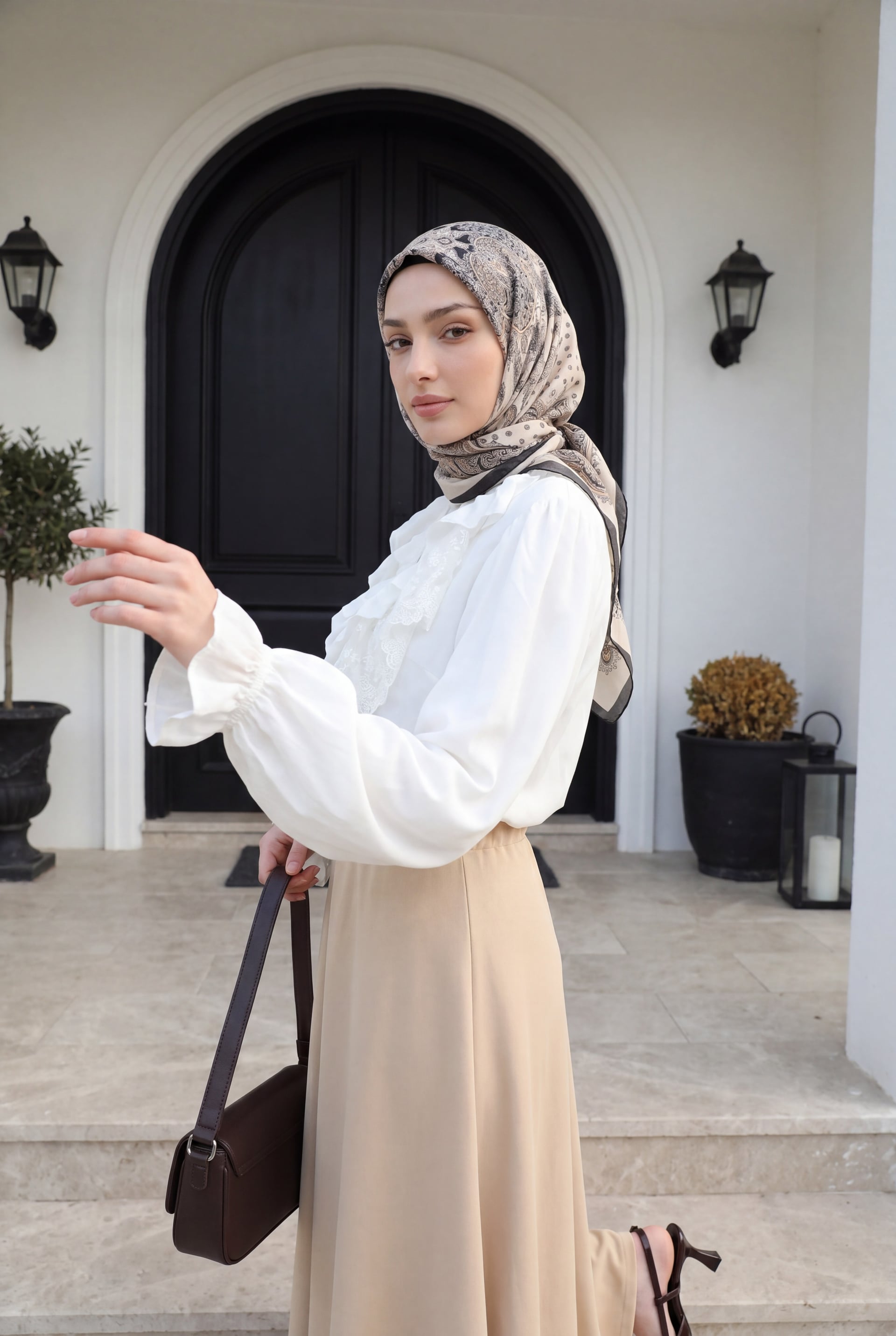 V-Neck Lace Trim Flutter Sleeve Elastic Cuff Imported Linen Look Blouse - Ecru - Podyumplus - by Peralane - photo 5