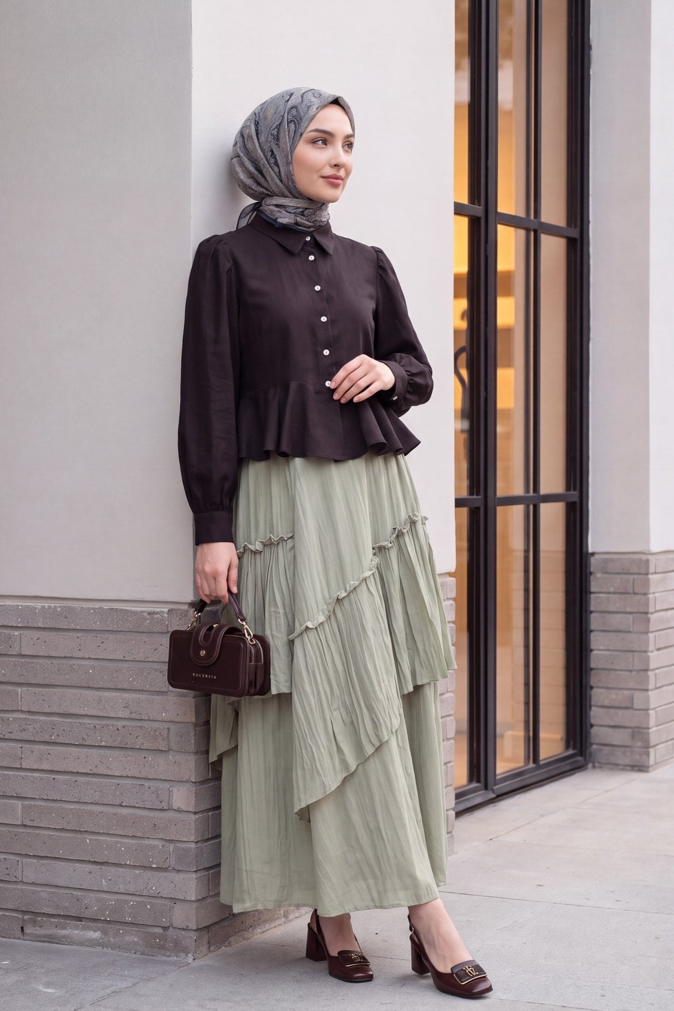 Elastic Waist Tiered Voile Skirt with Blouse Set - Sage Green and Black - Podyumplus - by Peralane - photo 2