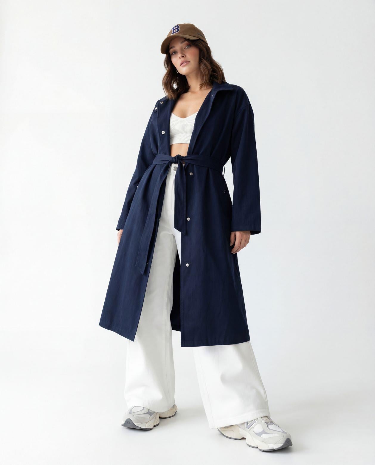 Navy Blue Long-Sleeved Jumpsuit with Tie Waist and Collared Neckline - Fame - by Peralane