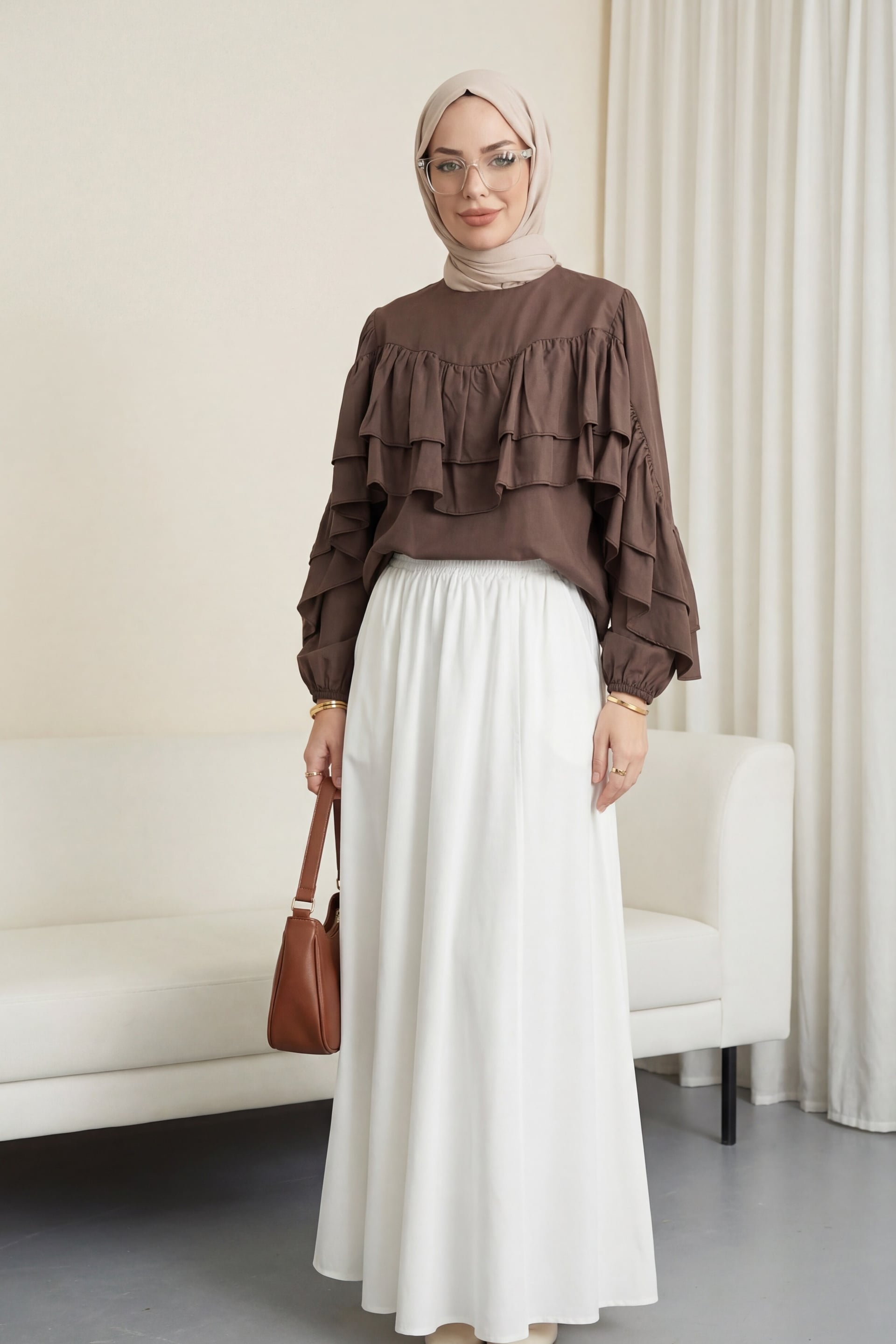 Flounced Sleeve Elasticated Cuff Blouse - Dark Brown - Podyumplus - by Peralane - photo 2