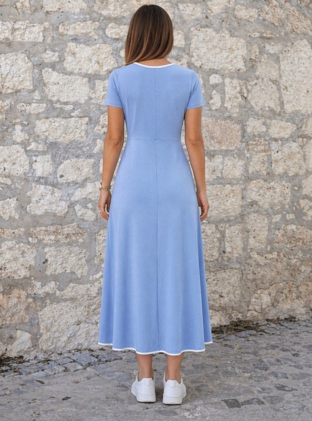 Women's Short-Sleeve Round-Neck Midi Dress with Colored Piping - Janes - by Peralane - photo 3