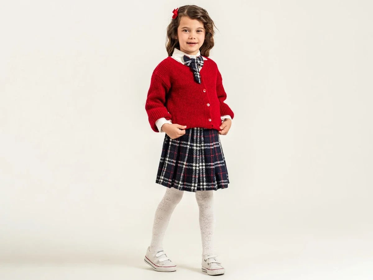 Girls' Plaid Skirt and Cardigan 4-Piece Set with Bow Tie - Red - Pampal Kids - by Peralane