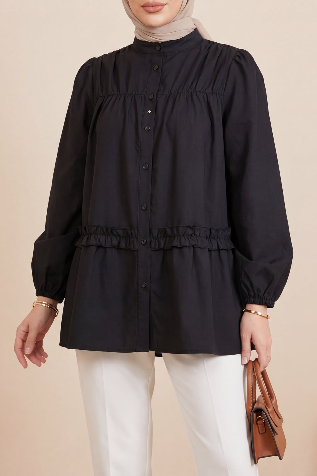 Black Poplin Tunic with Ruffled Hem and Button Front - Podyumplus - by Peralane - photo 3