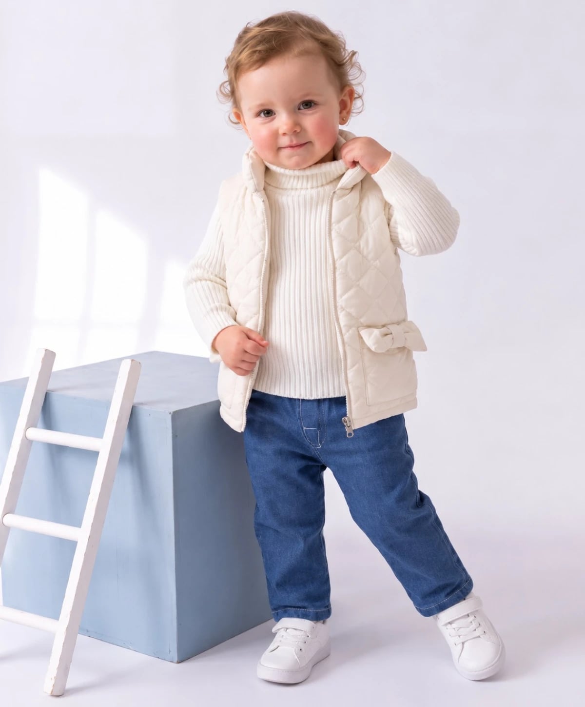 Cream Quilted Vest and Turtleneck Set for Baby Girls (Pack of 4) - Has Bereket - by Peralane