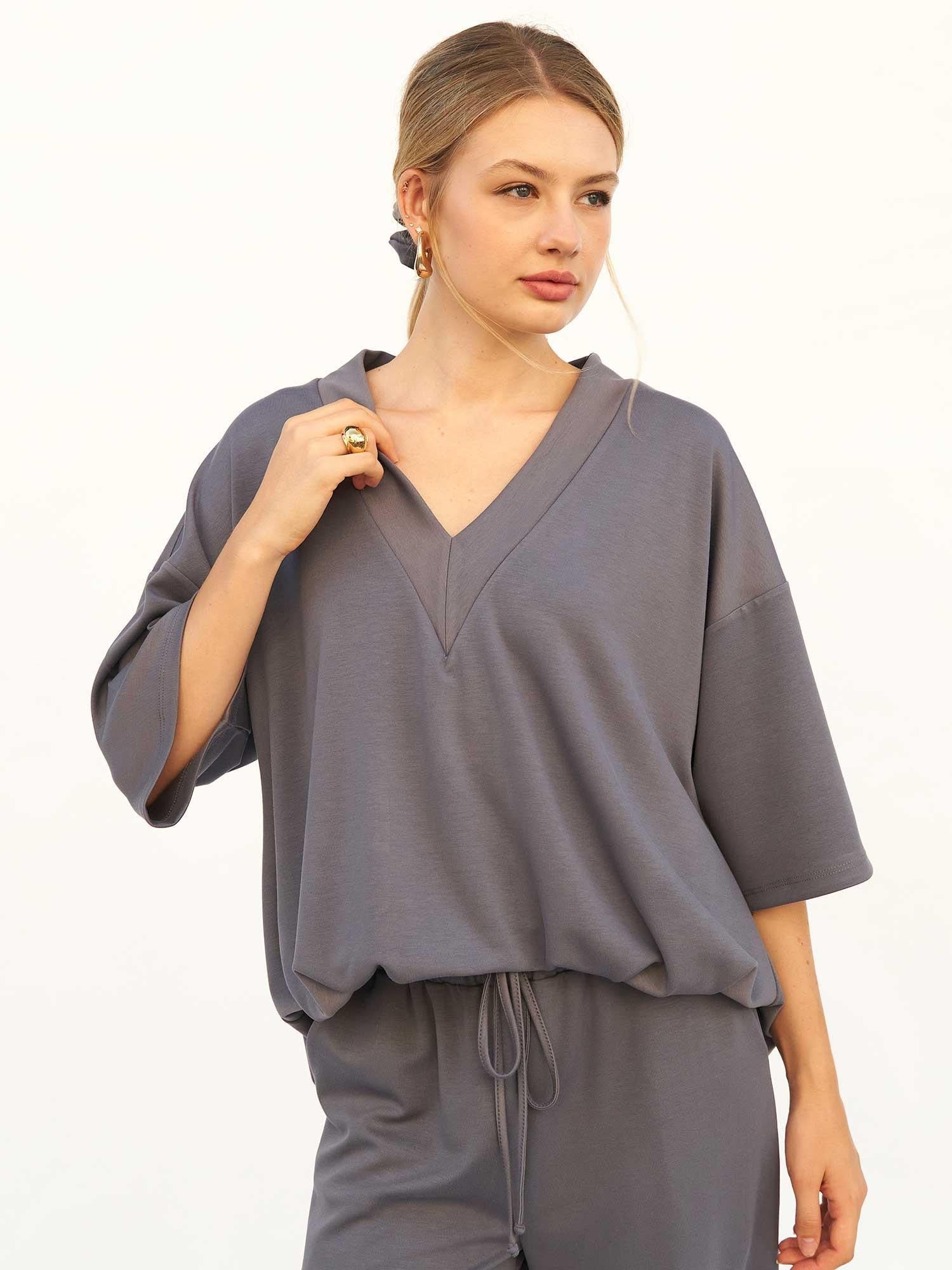 Women's Anthracite V-Neck Knit Blouse with Matching Trousers Set - Lefon - by Peralane - photo 8