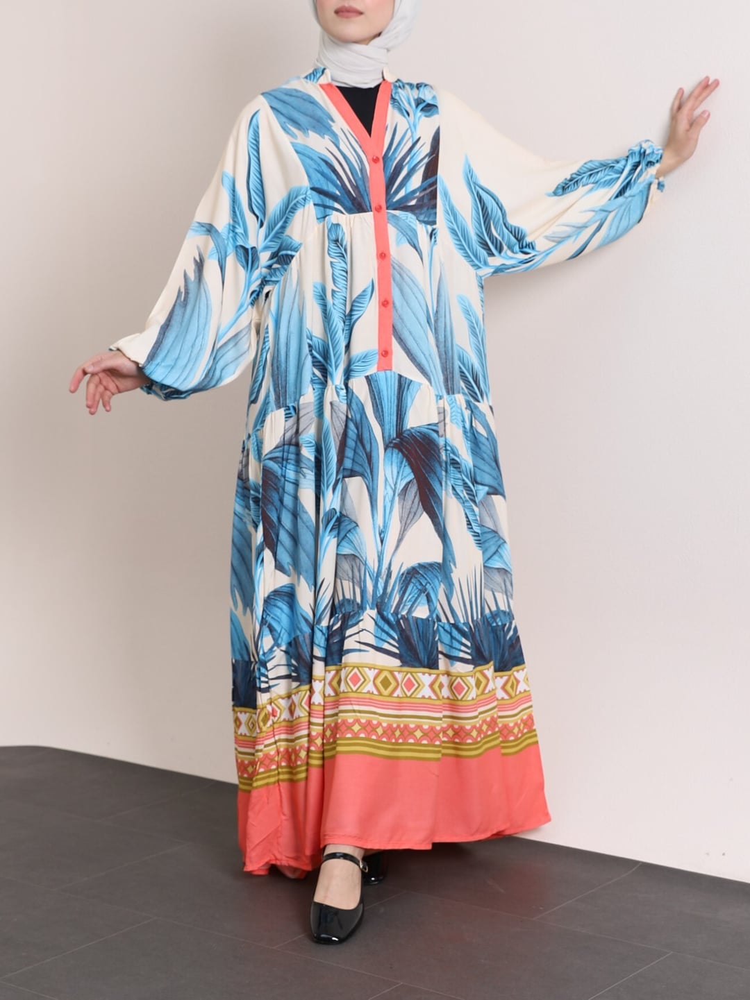 Elasticated Cuff Long Sleeve V-Neck Button Front Tiered Midi Dress - Indigo - Podyumplus - by Peralane - photo 9