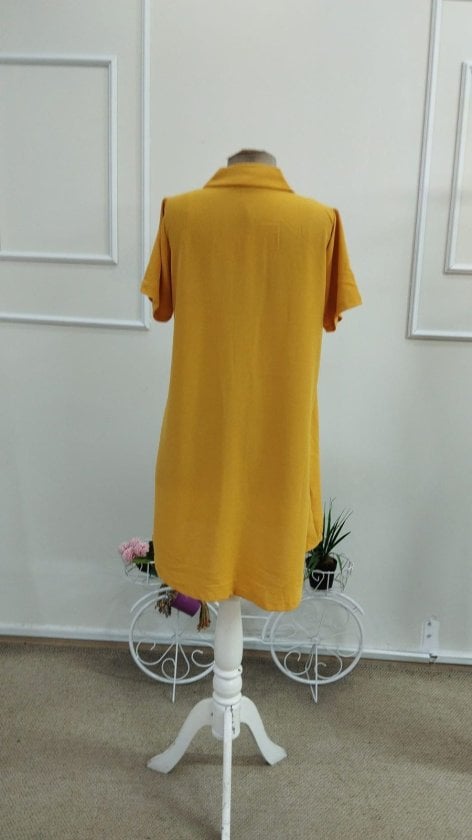 Women's Short Sleeve Collared Button-Front Dress with Textured Linen Blend, Bright Yellow - Janes - by Peralane - photo 6