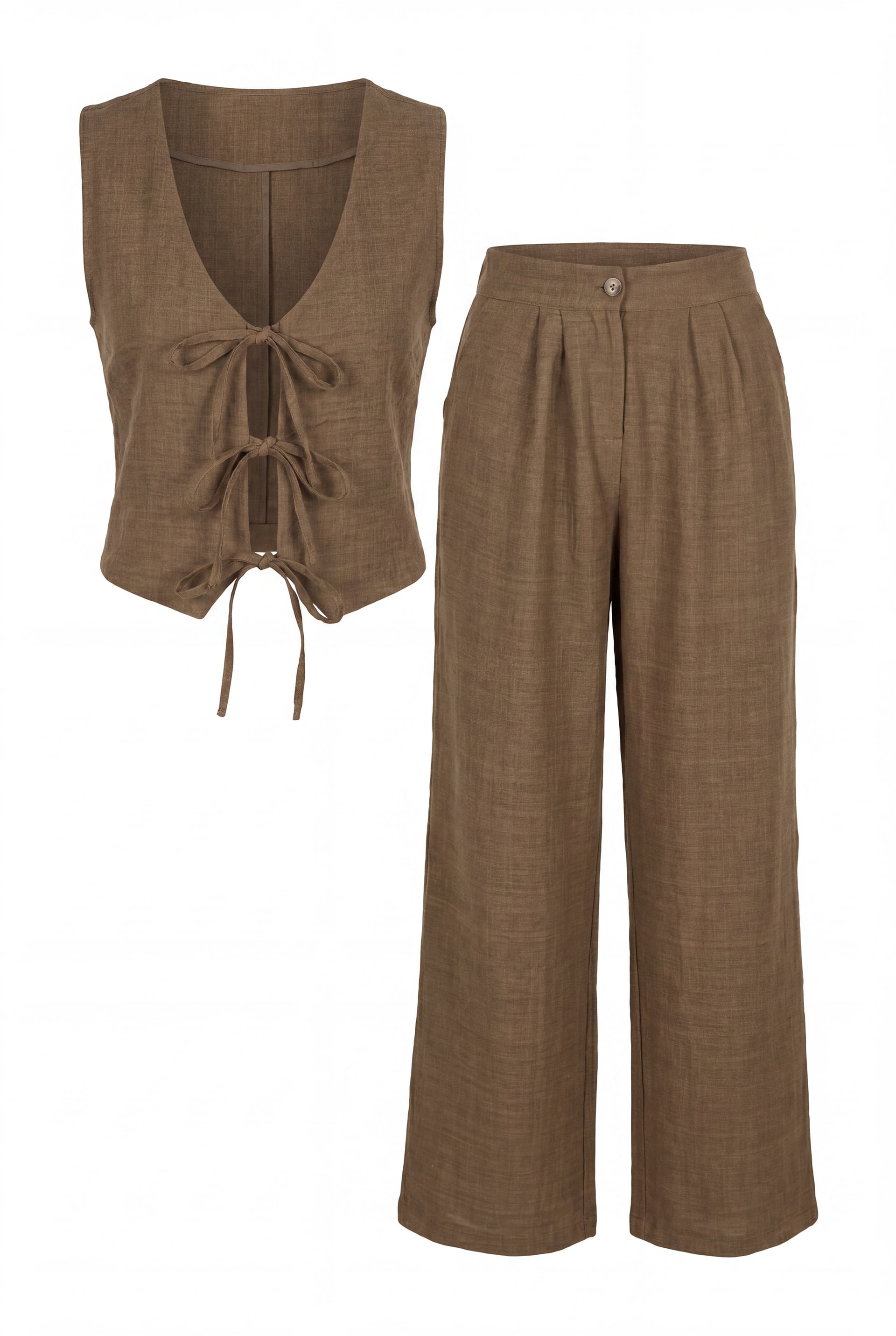 Lace-Up Vest and Wide-Leg Trousers Linen Look Co-ord Set - Light Brown - Podyumplus - by Peralane - photo 6