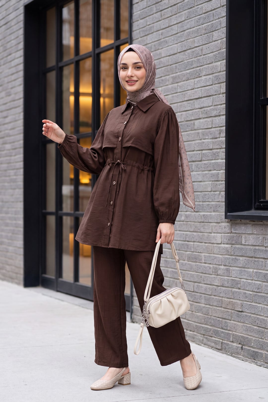 Tunel Drawstring Tunic and Trousers Set - Dark Brown - Podyumplus - by Peralane - photo 4