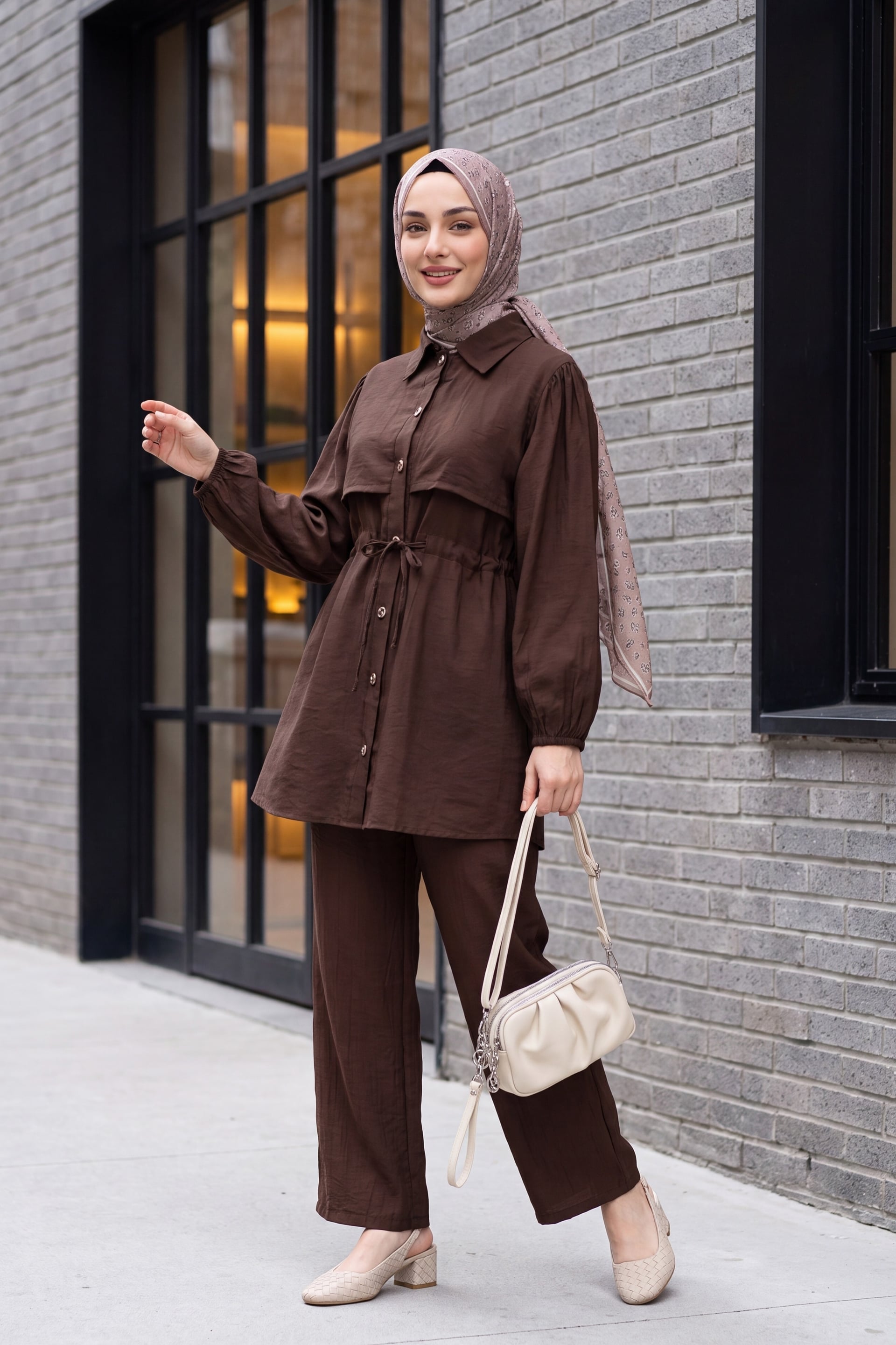 Tunel Drawstring Tunic and Trousers Set - Dark Brown - Podyumplus - by Peralane - photo 4