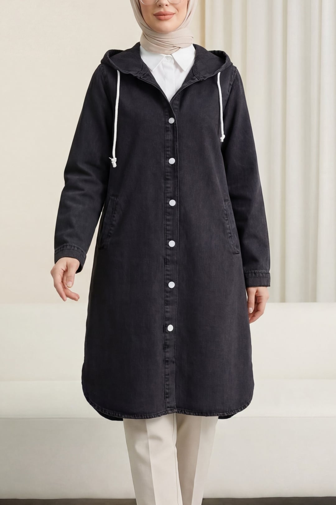 Hooded Button-Front Oval-Cut Denim Jacket - Black - Podyumplus - by Peralane