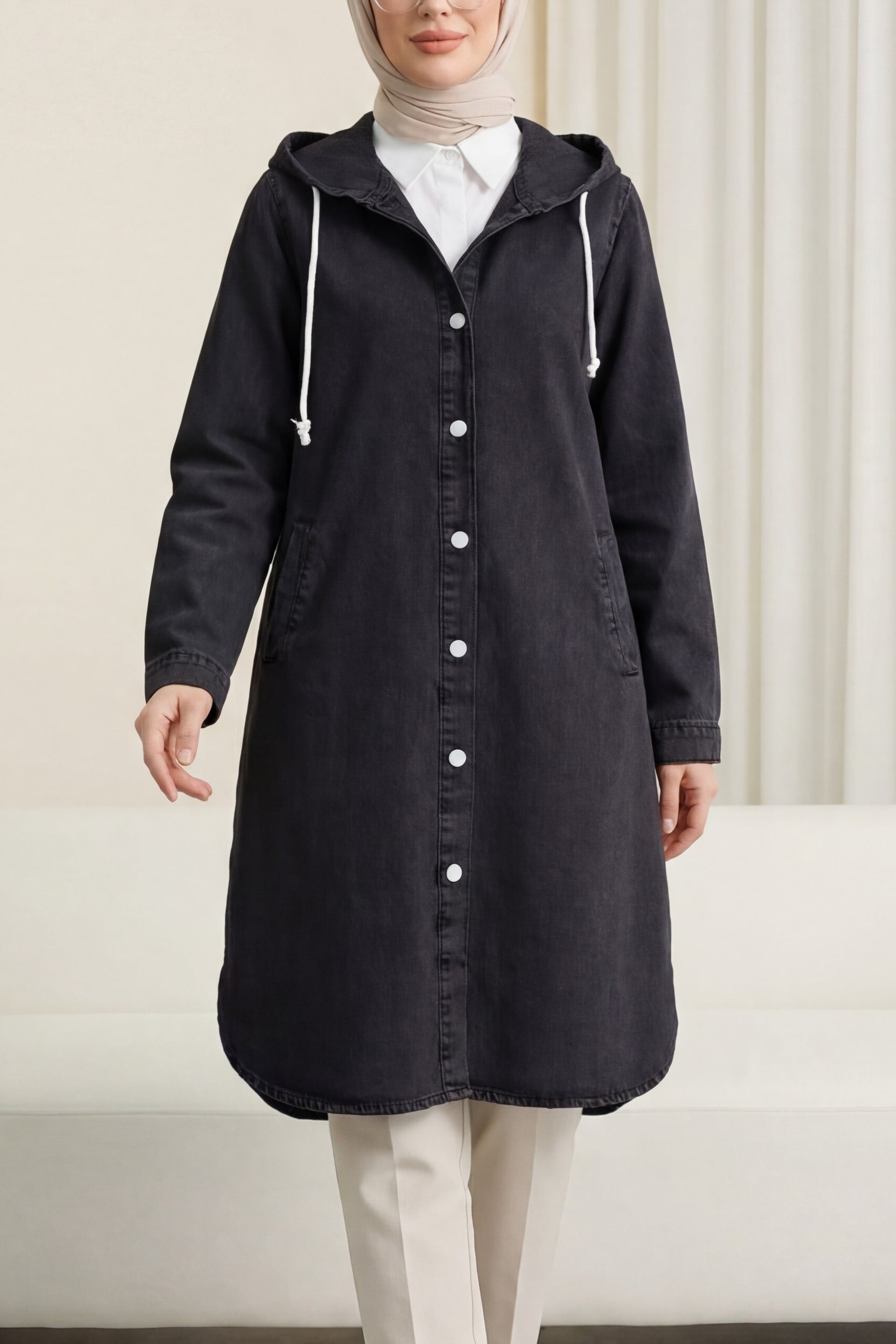 Hooded Button-Front Oval-Cut Denim Jacket - Black - Podyumplus - by Peralane