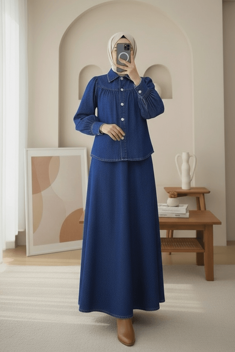 Women's Denim Two-Piece Set with Belted Skirt - Dark Blue - Podyumplus - by Peralane
