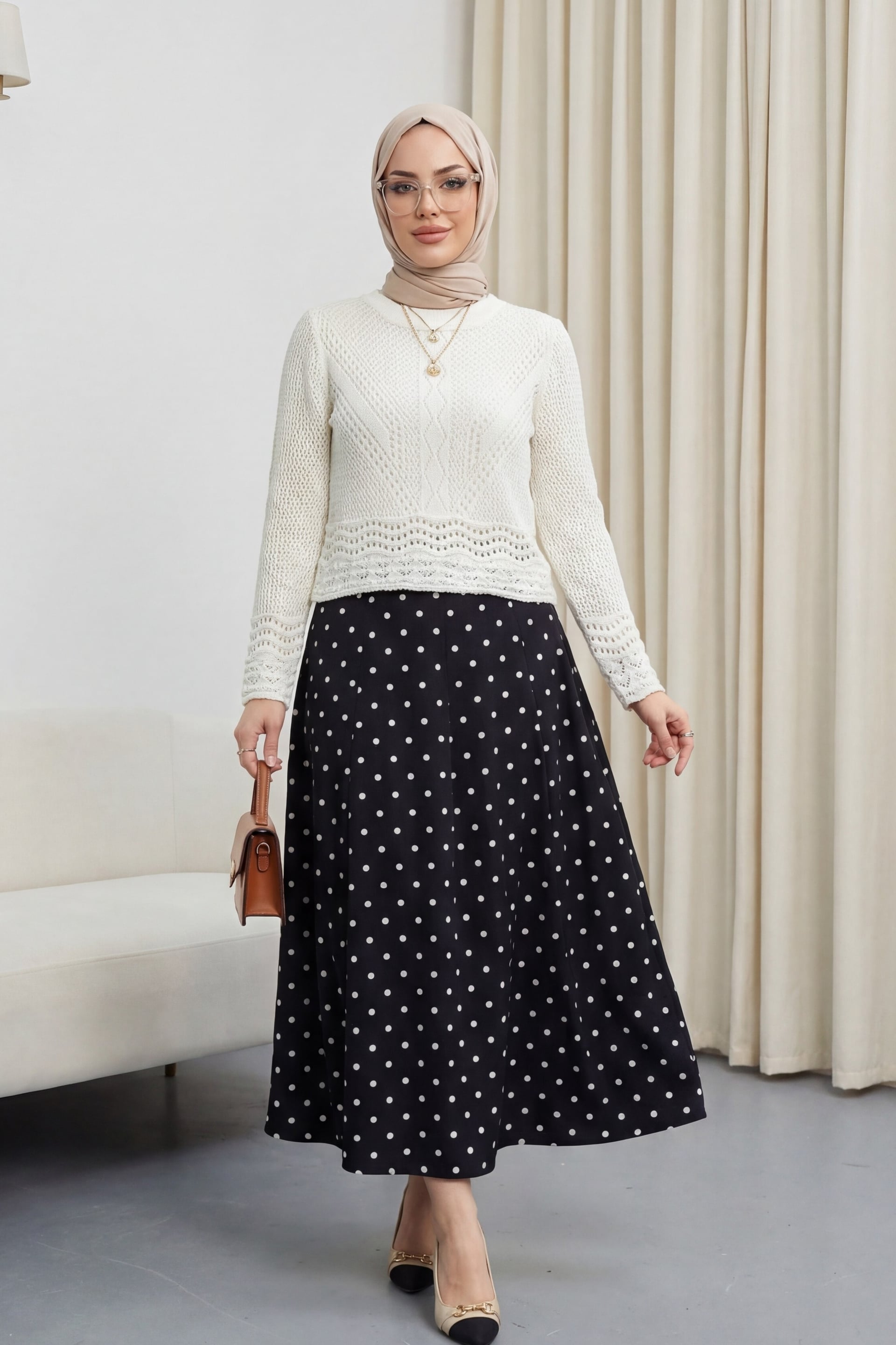 Cream Cropped Knit Sweater with Openwork Pattern - Podyumplus - by Peralane - photo 3
