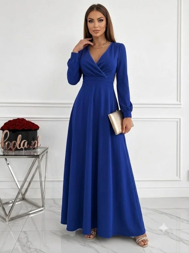 Women's Long-Sleeved Wrap V-Neck Pleated Waist Maxi Dress in Royal Blue - Janes - by Peralane - photo 2