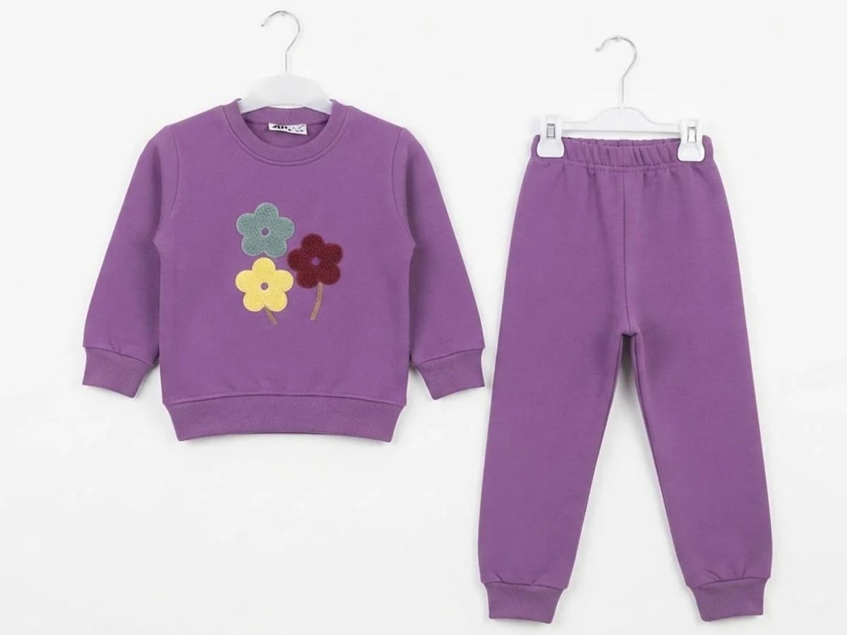 Girls' Fleece Sweatshirt and Trousers Set with Flower Embroidery - CMK - by Peralane