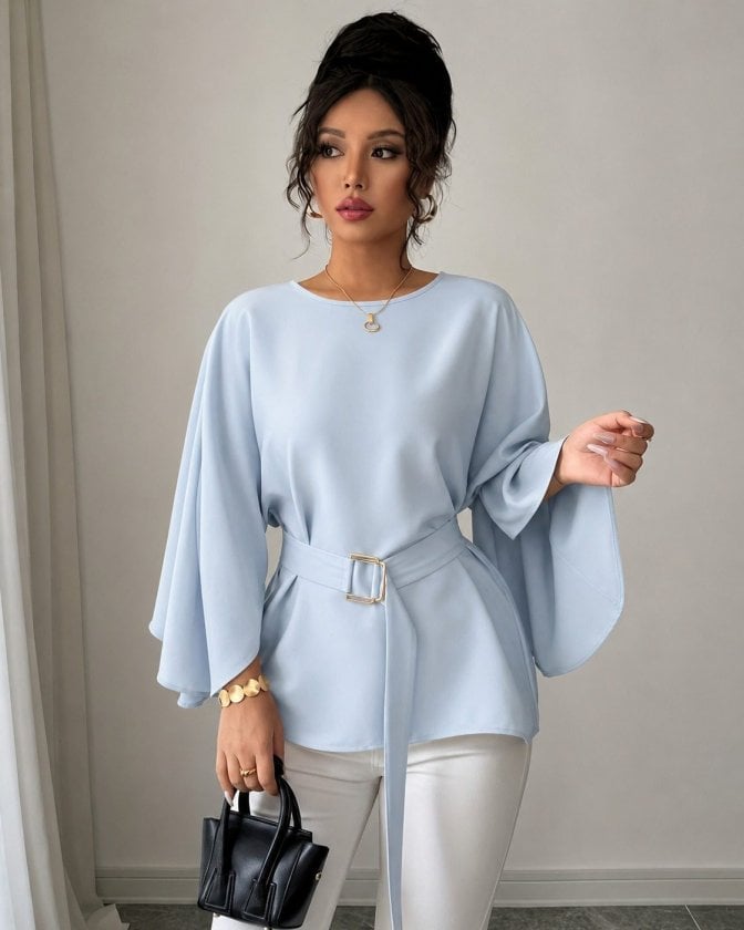 Women's Long Sleeve Round Neck Batwing Sleeve Belted Satin Blouse - Janes - by Peralane - photo 2