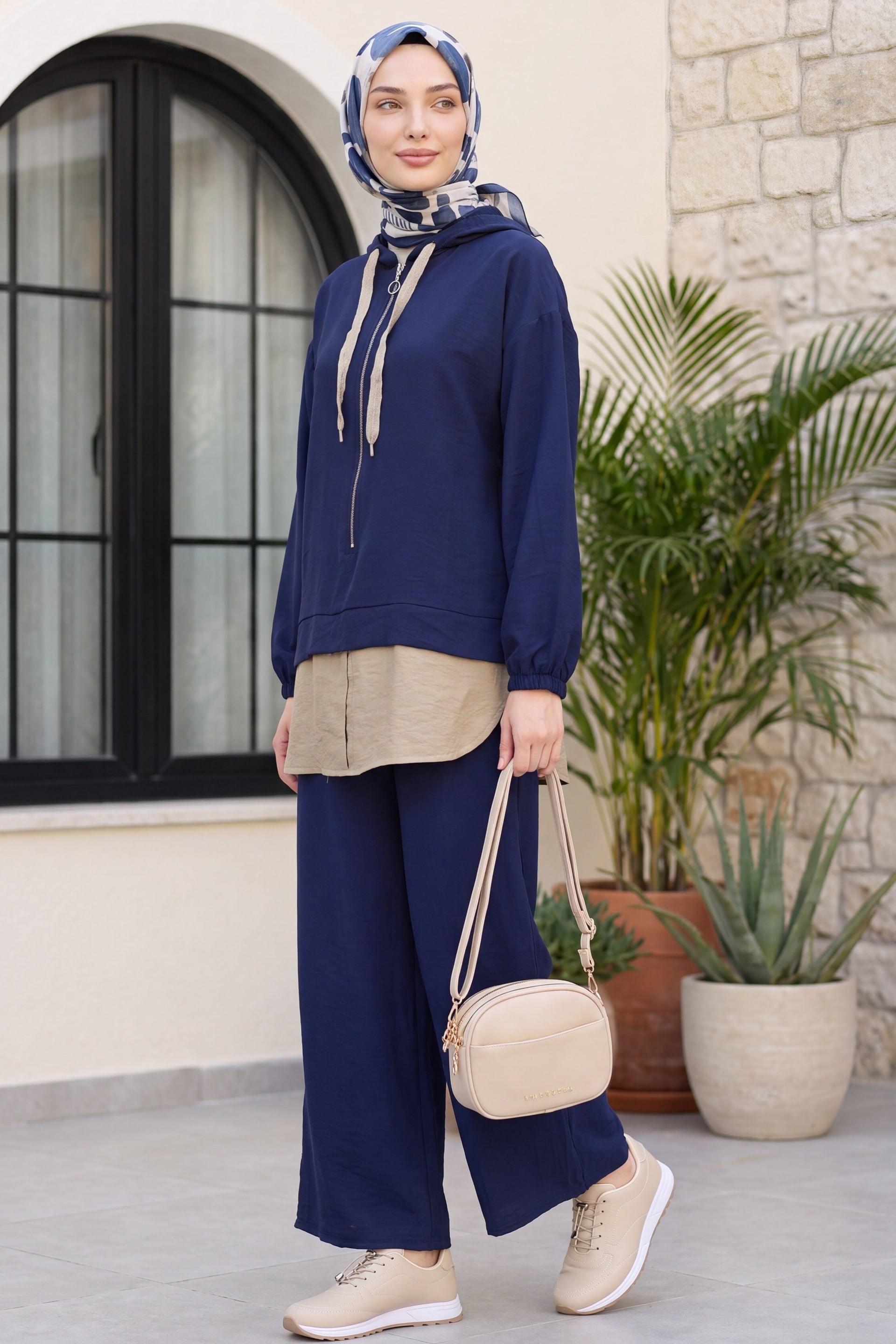 Navy Blue Half-Zip Hooded Sweatshirt and Wide-Leg Trousers Set - Podyumplus - by Peralane - photo 3