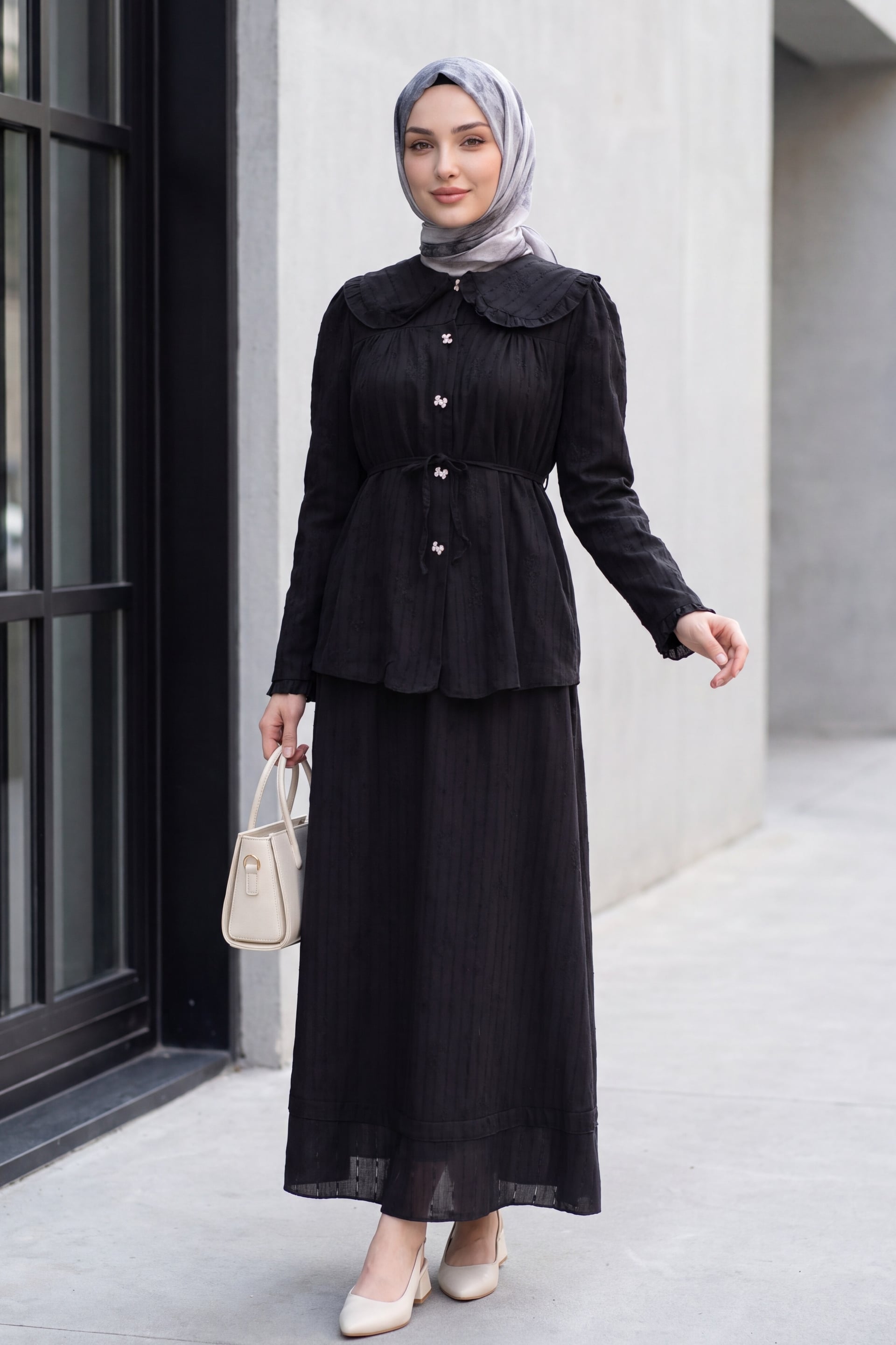 Black Baby Collar Lace-Up Buttoned Skirted Lined Linen Look Set for Women - Podyumplus - by Peralane