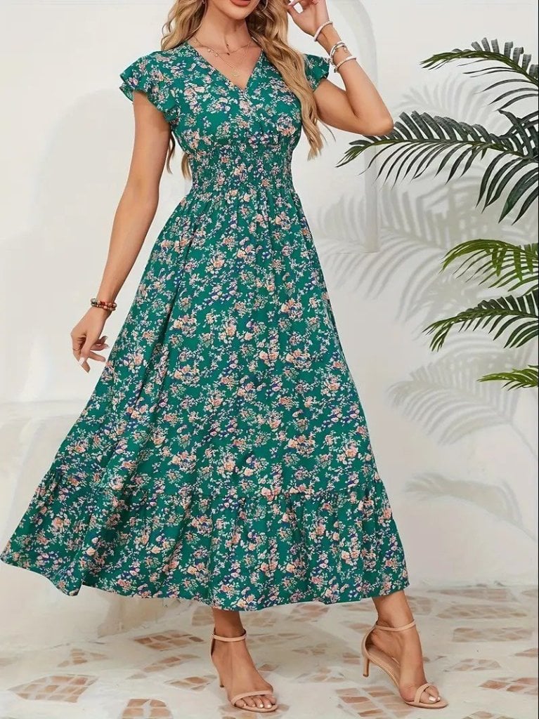 Women's Short Sleeve V-Neck Smocked Waist Floral Midi Dress - Janes - by Peralane - photo 5