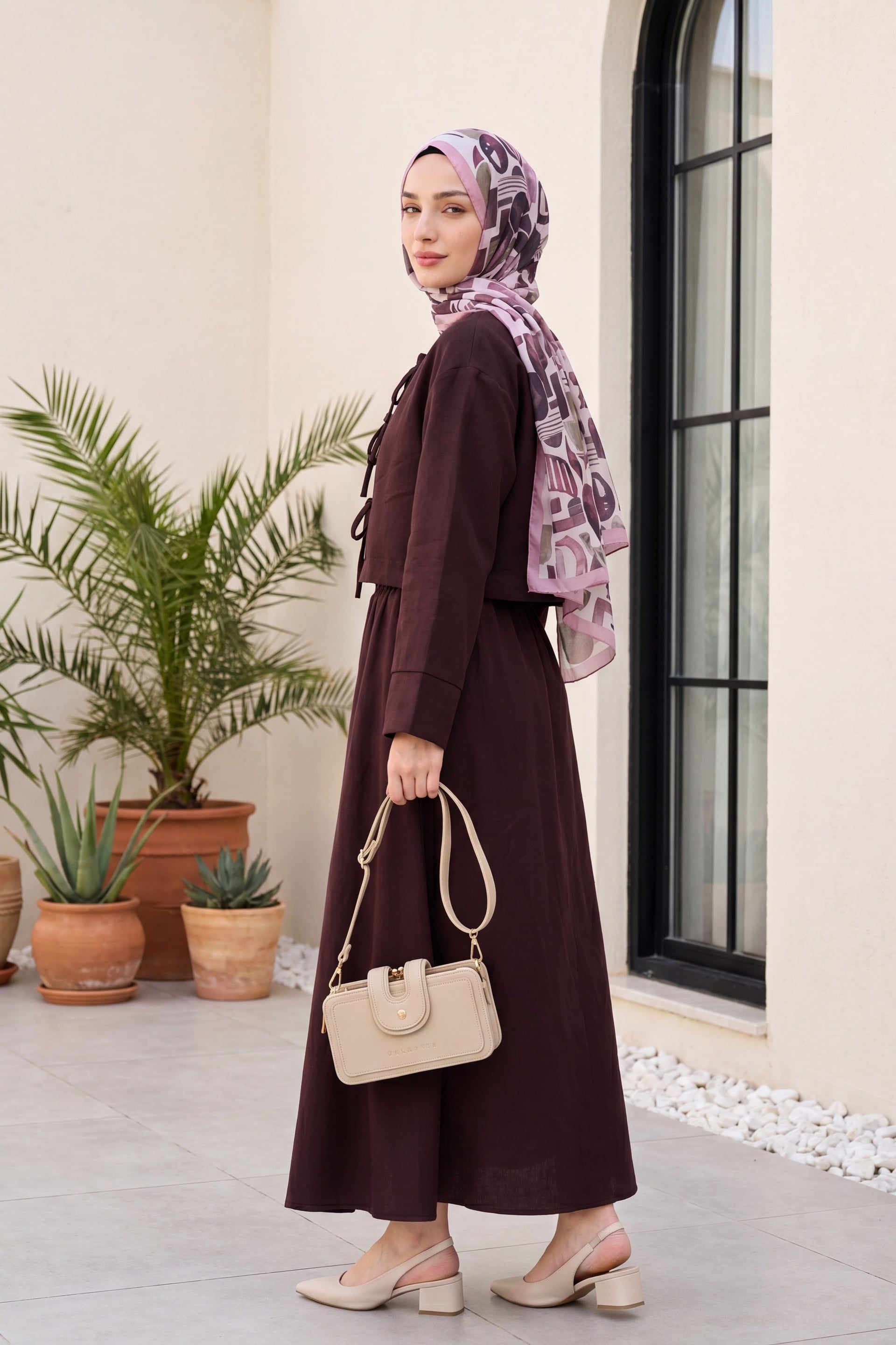 Front Lace-Up Waistband Elasticated Skirt Two-Piece Set in Dark Brown - Podyumplus - by Peralane