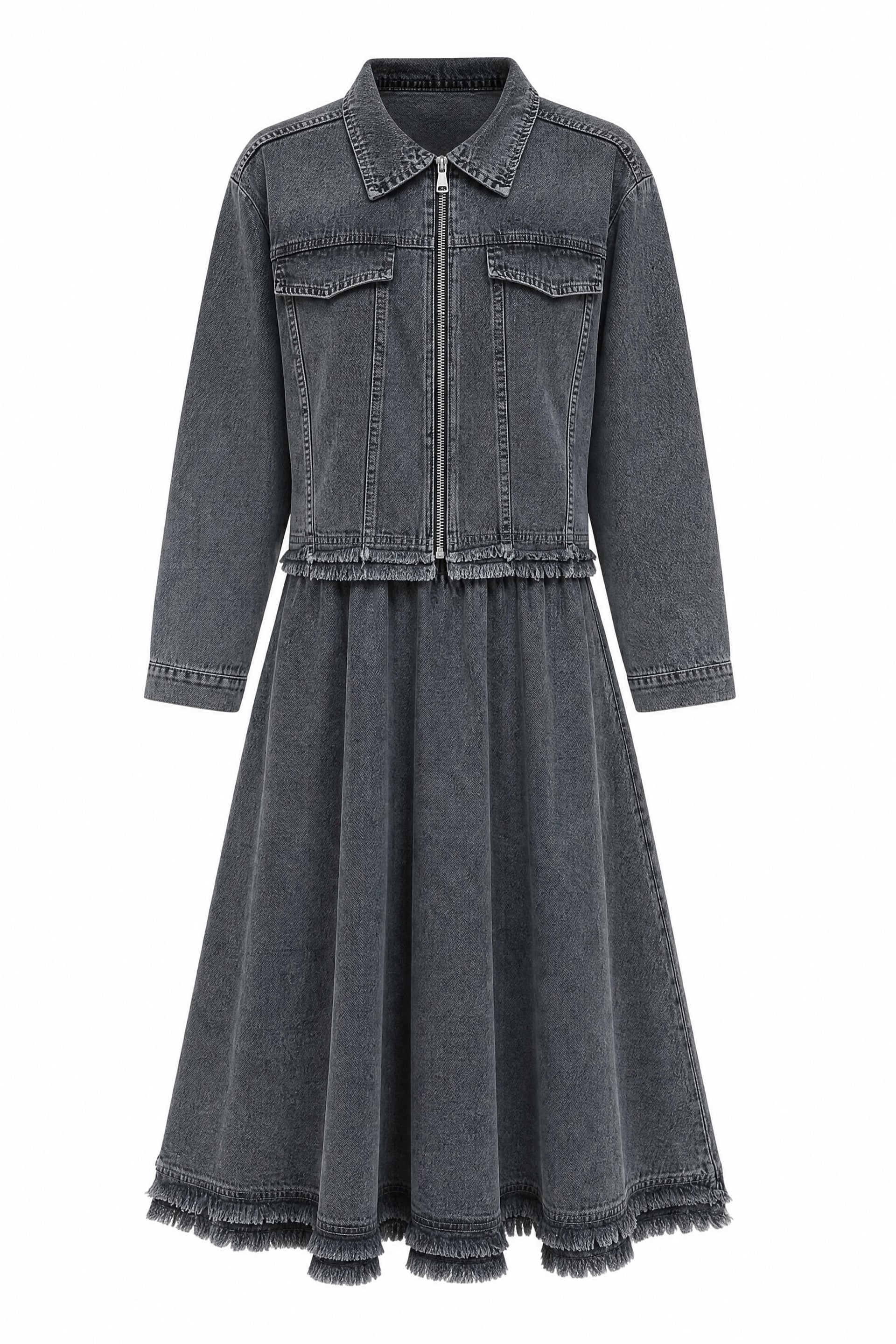 Frayed Hem Denim Jacket and Skirt Co-ord Set in Washed Dark Grey - Podyumplus - by Peralane - photo 5