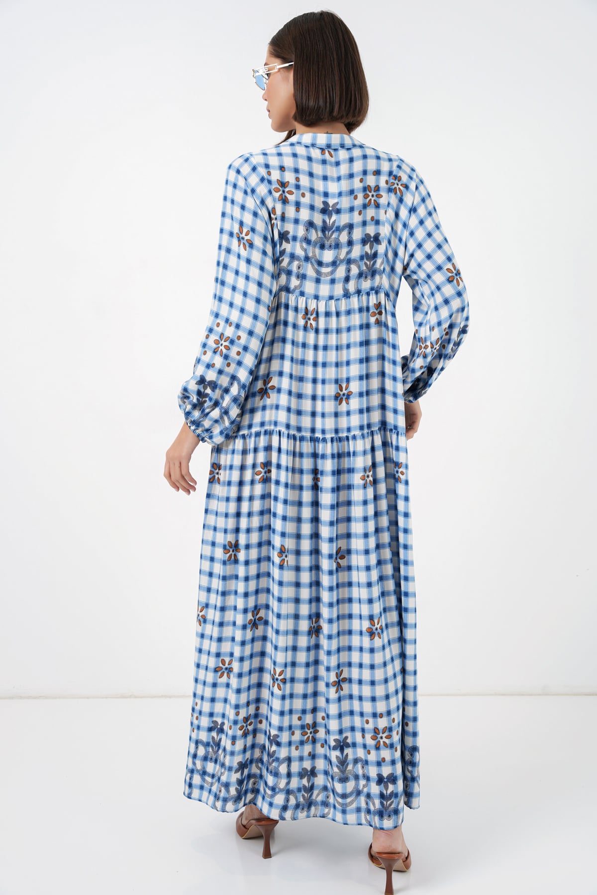 Women's Blue Gingham Print Long Modest Dress - Bigdart - by Peralane - photo 4