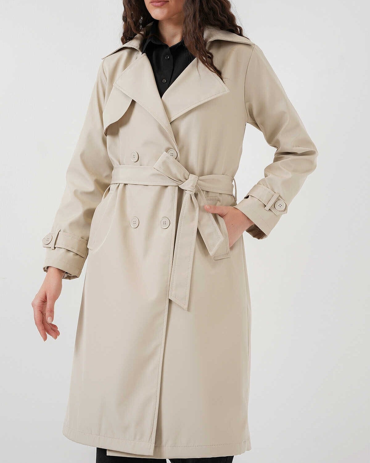 Beige Double-Breasted Trench Coat with Belt - Bigdart - by Peralane - photo 5