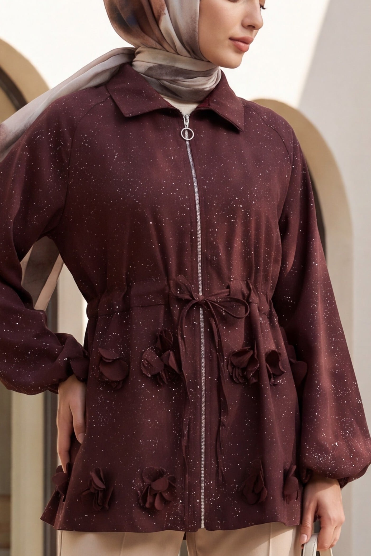Burgundy Speckled Sequin Drawstring Waist Balloon Sleeve Zip Jacket - Podyumplus - by Peralane - photo 2