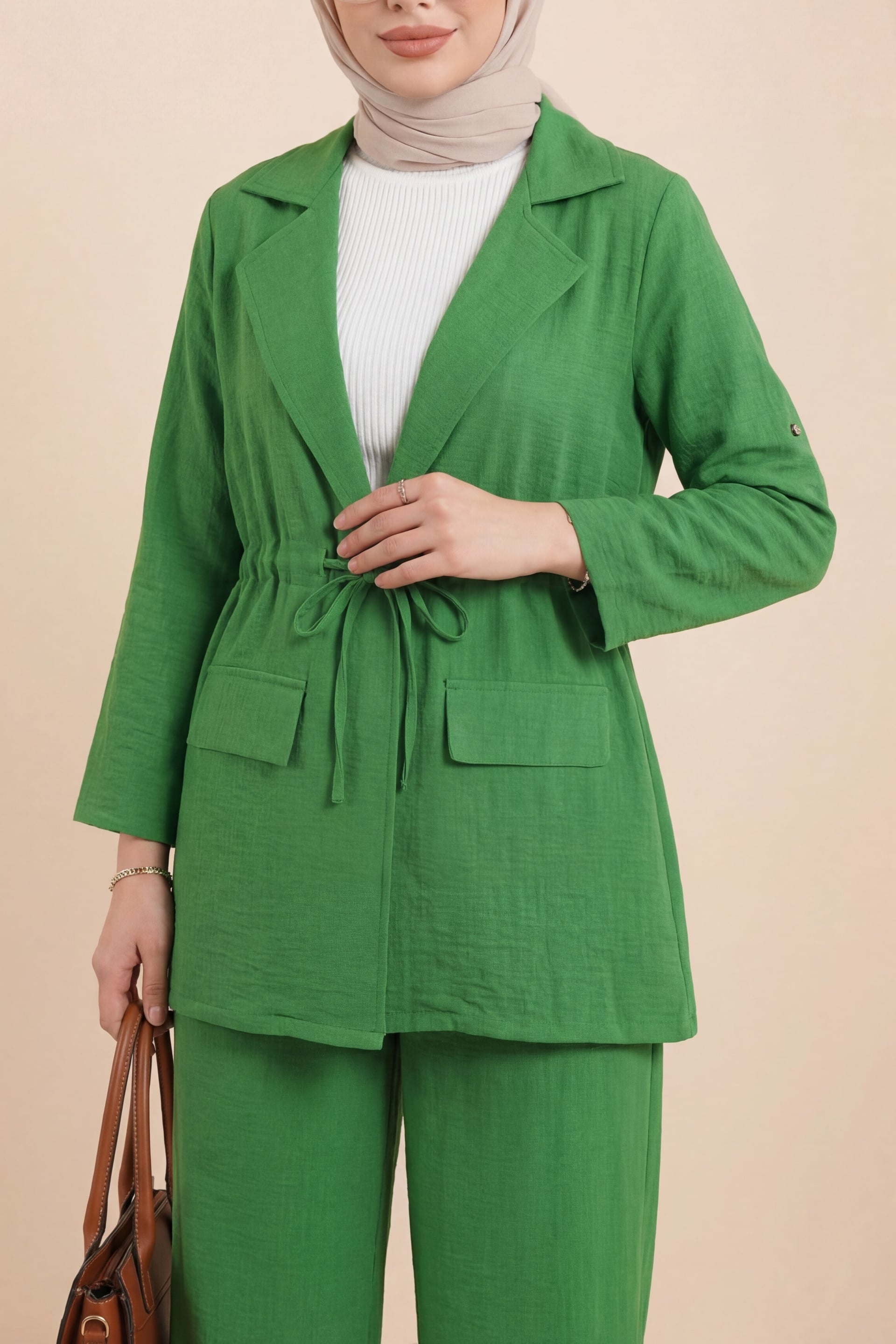 Green Linen-Look Two-Piece Set with Jacket and Wide-Leg Trousers - Podyumplus - by Peralane - photo 4